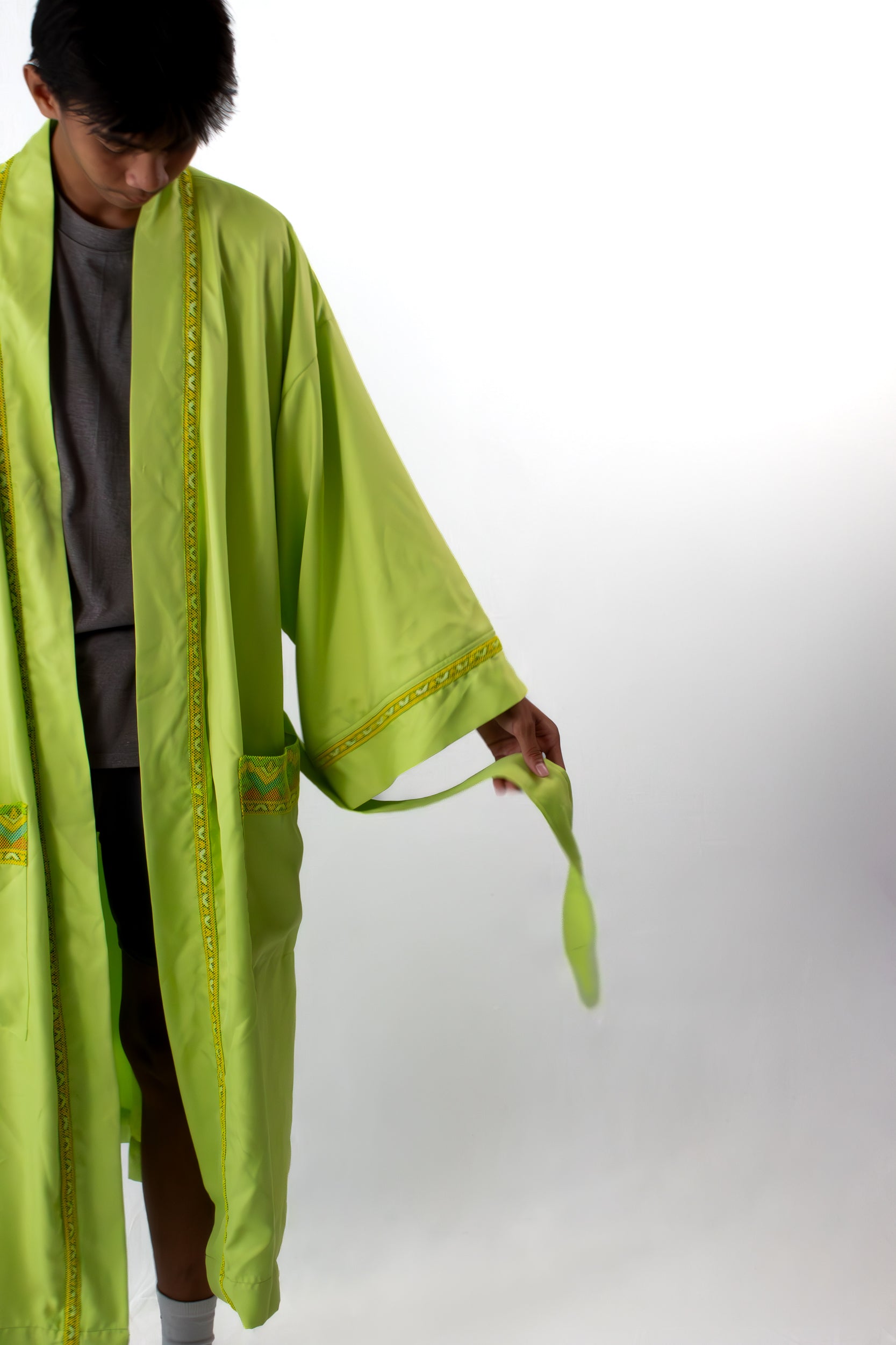 ✦ Luntiang Glow - Neon Green Wide Kimono with Malong Print Artwork