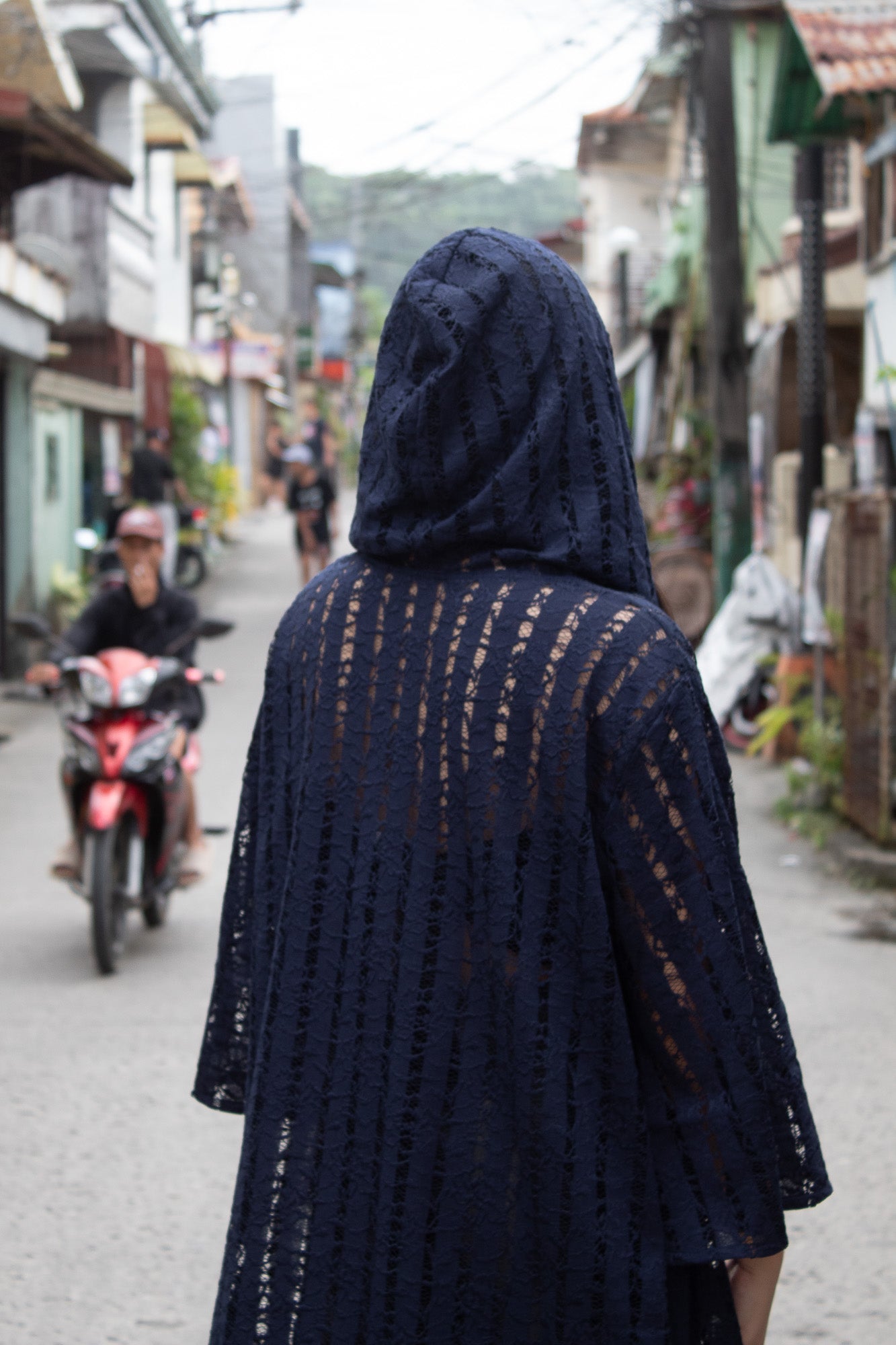 ✦ Midnight Lace - Lightweight & Open-Weaved Navy Blue Lace Kimono with Hood
