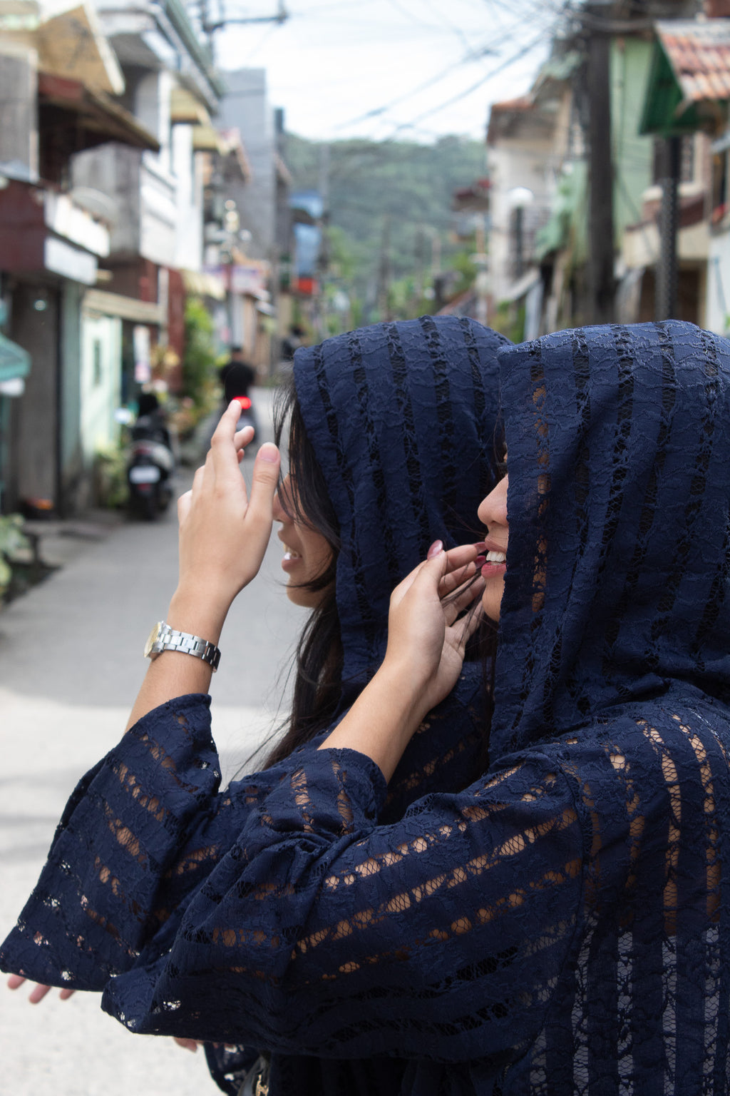 ✦ Midnight Lace - Lightweight & Open-Weaved Navy Blue Lace Kimono with Hood