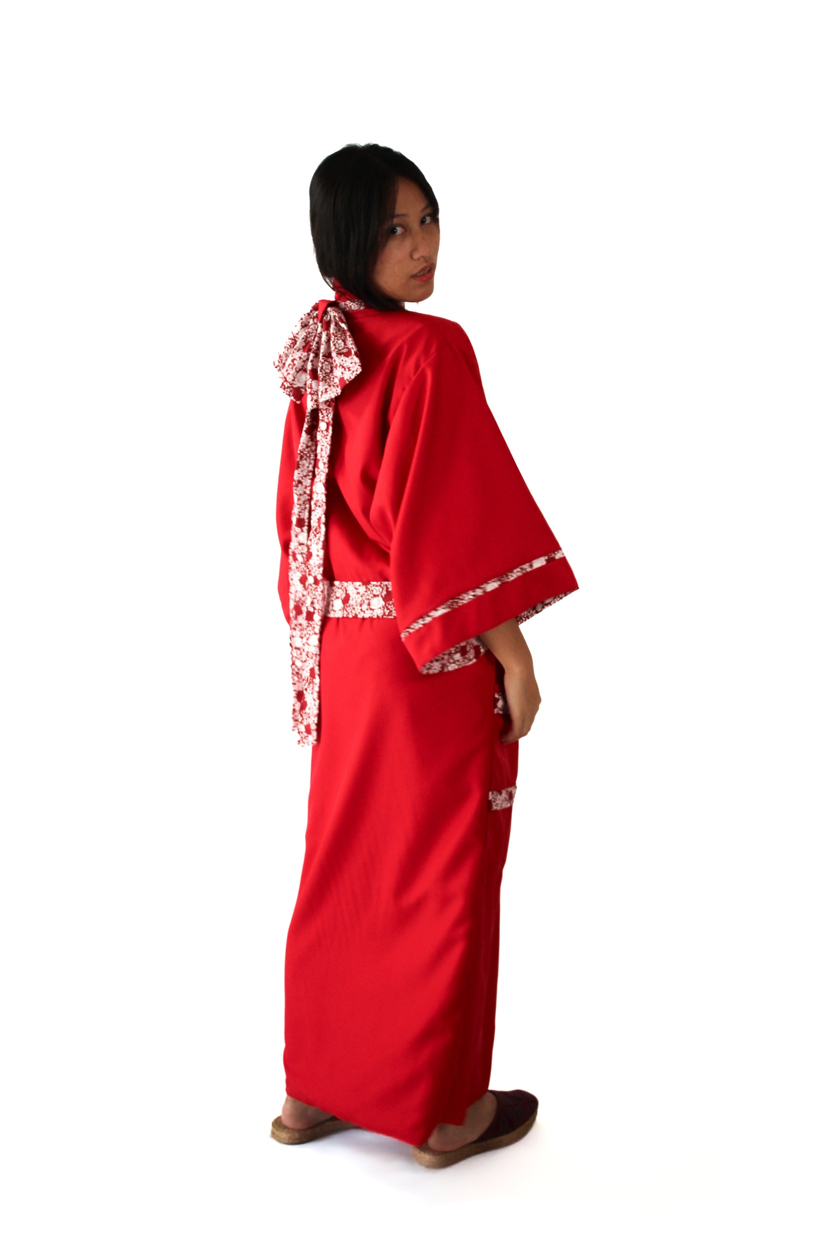 ✦ Twin Blooms - Reversible Floral Red Kimono with Large Ribbon on Back