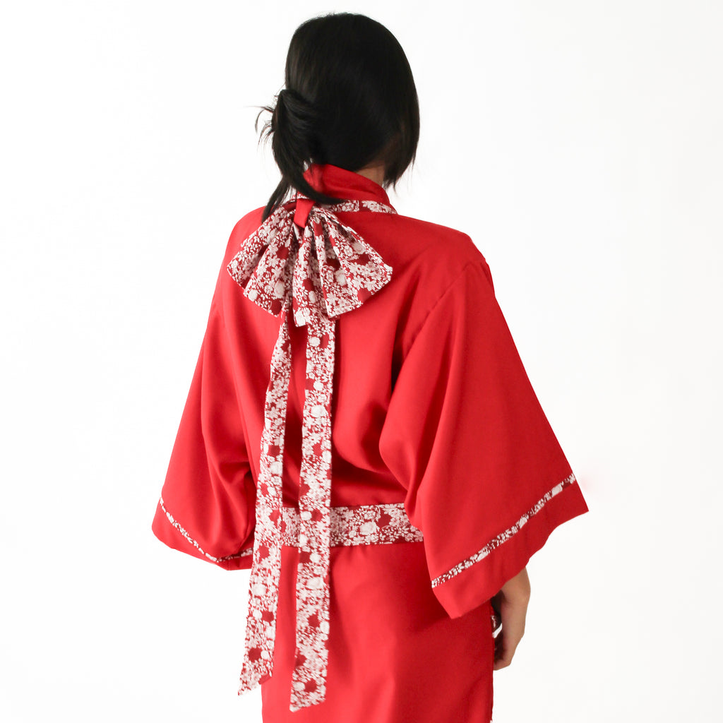 ✦ Twin Blooms - Reversible Floral Red Kimono with Large Ribbon on Back