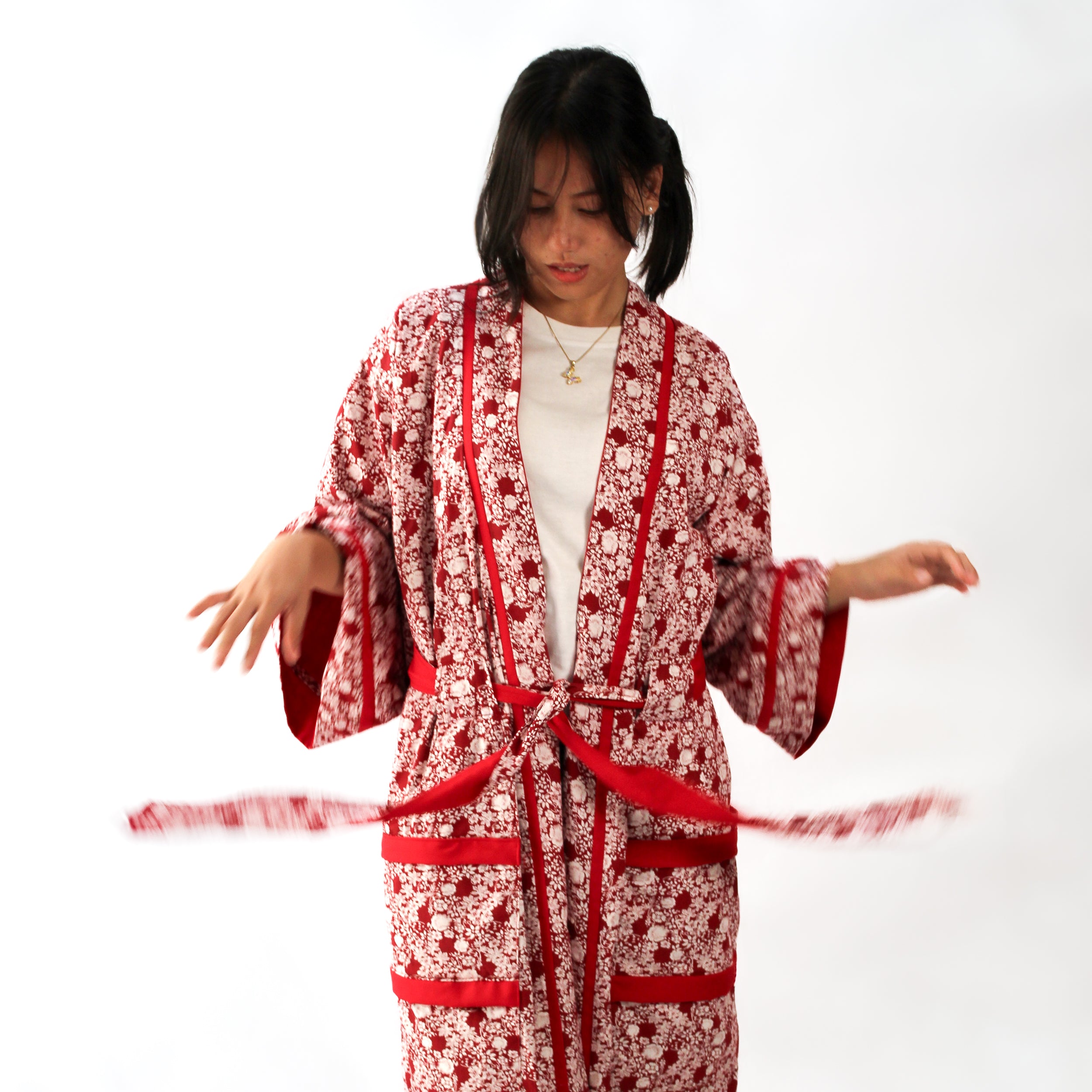 ✦ Twin Blooms - Reversible Floral Red Kimono with Large Ribbon on Back