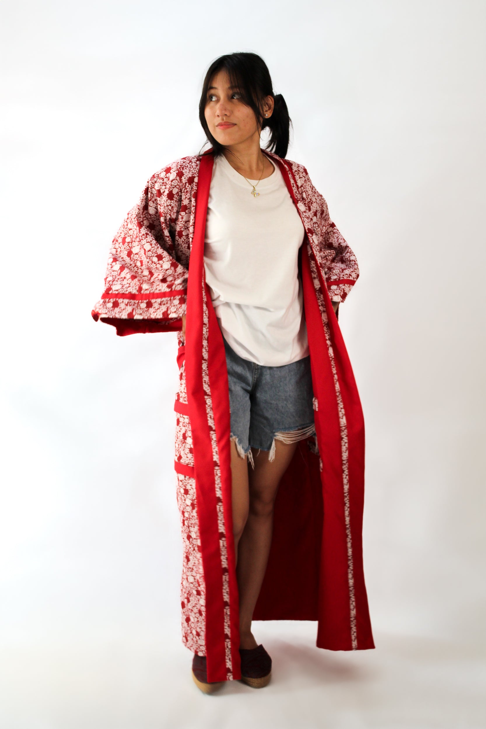 ✦ Twin Blooms - Reversible Floral Red Kimono with Large Ribbon on Back