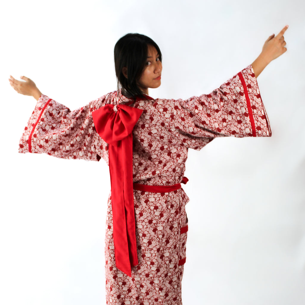 ✦ Twin Blooms - Reversible Floral Red Kimono with Large Ribbon on Back
