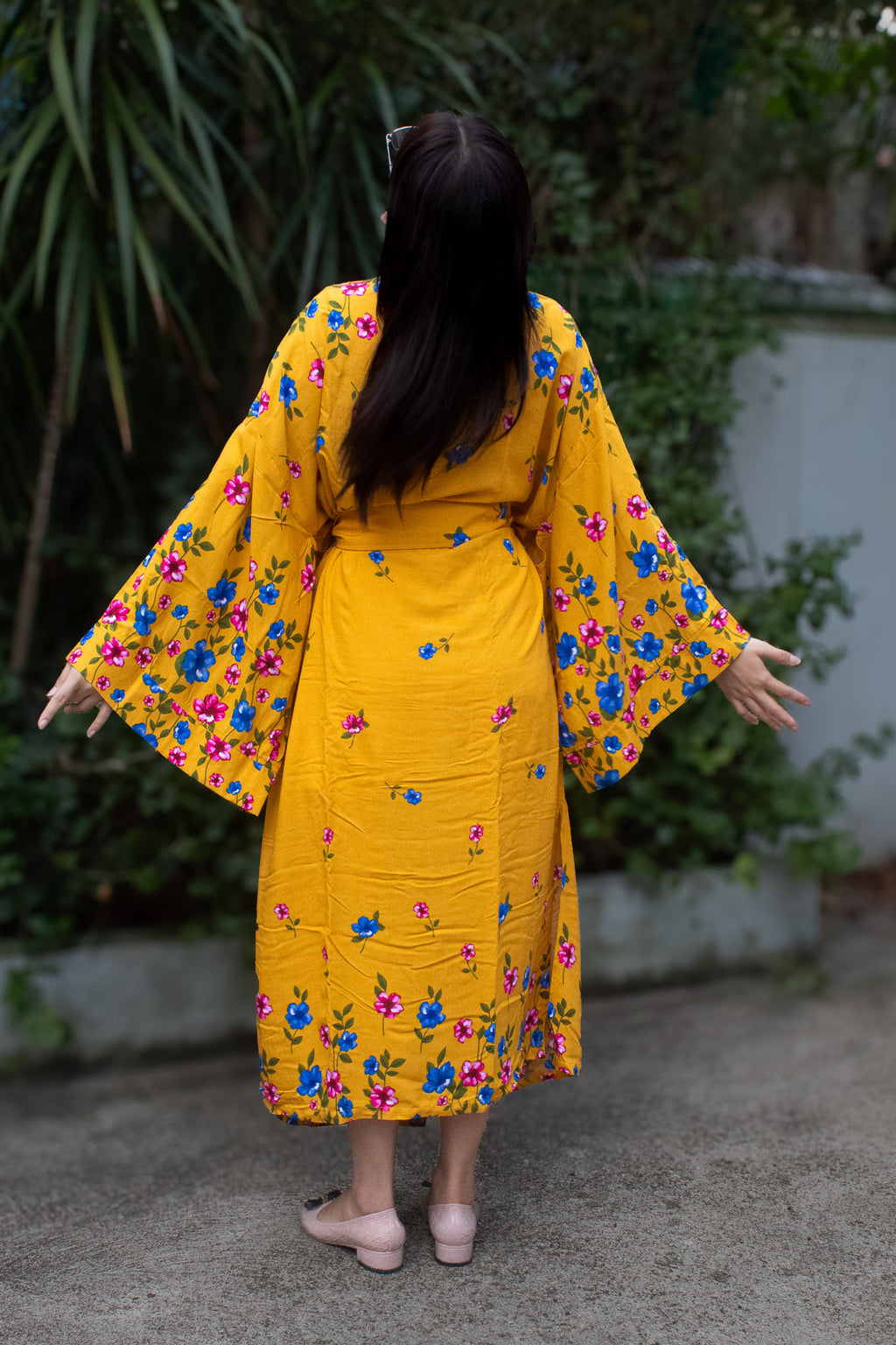 ✦ Golden Hibiscus (Oversized) – Long & Flowy Mustard Yellow Cotton Kimono with Colorful Floral Print