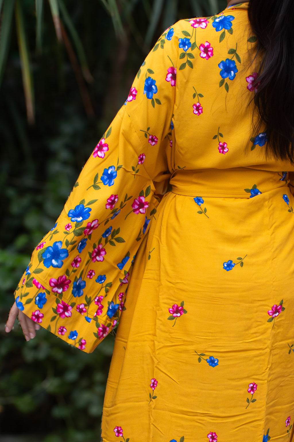 ✦ Golden Hibiscus (Oversized) – Long & Flowy Mustard Yellow Cotton Kimono with Colorful Floral Print