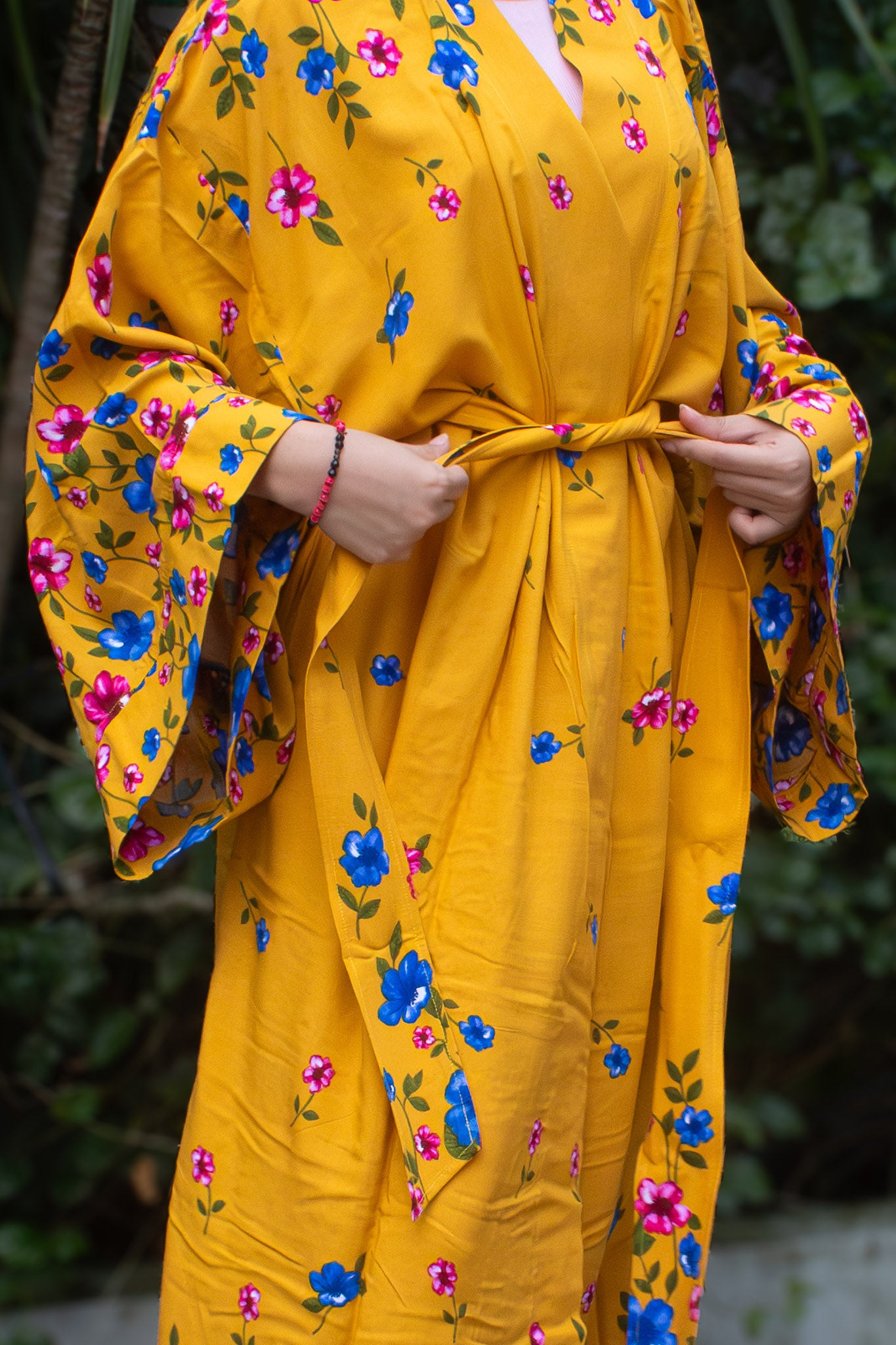 ✦ Golden Hibiscus (Oversized) – Long & Flowy Mustard Yellow Cotton Kimono with Colorful Floral Print