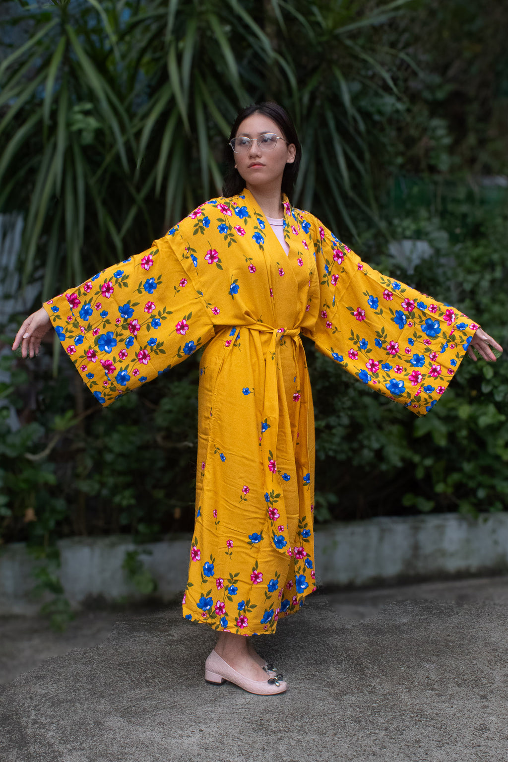 ✦ Golden Hibiscus (Oversized) – Long & Flowy Mustard Yellow Cotton Kimono with Colorful Floral Print