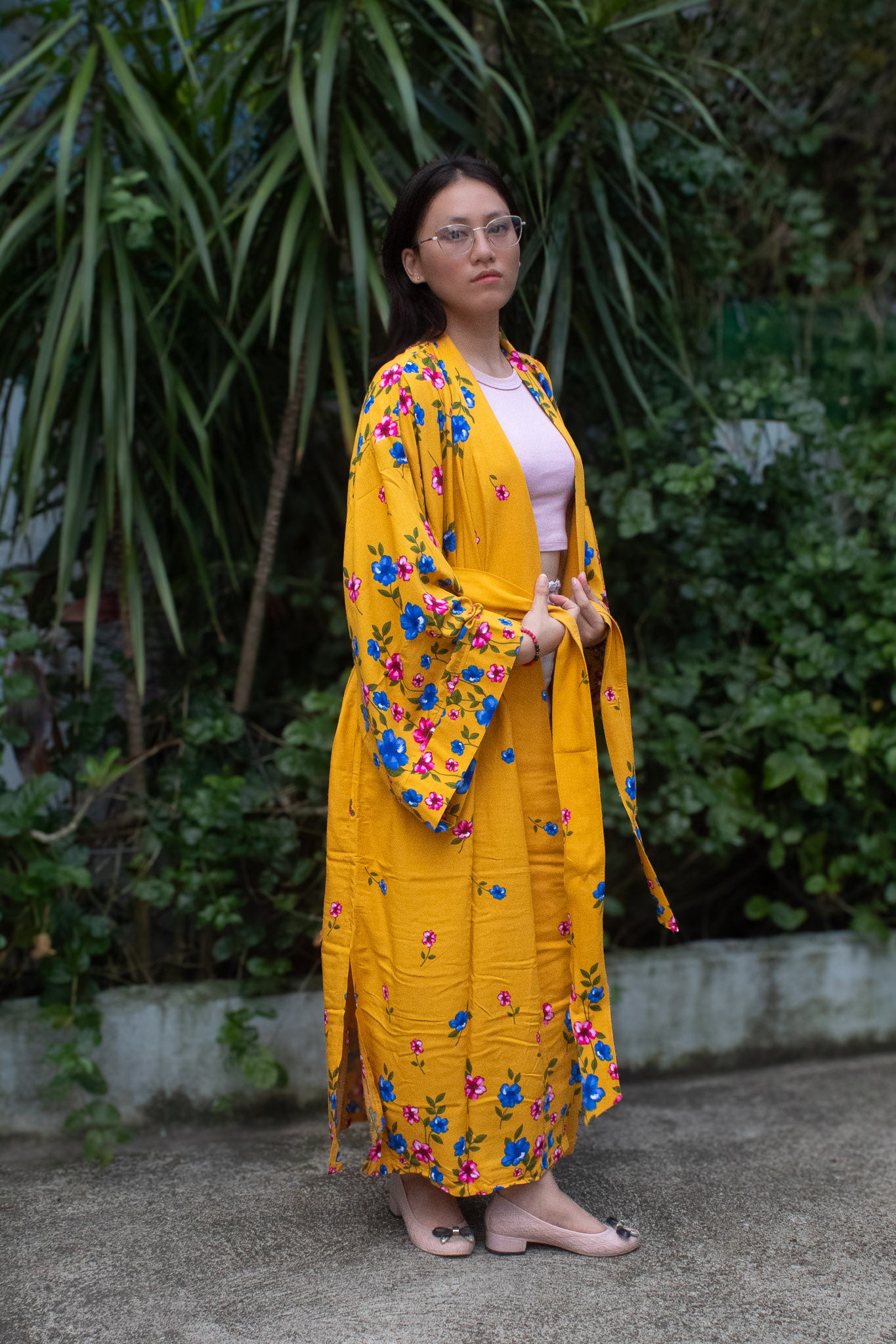 ✦ Golden Hibiscus (Oversized) – Long & Flowy Mustard Yellow Cotton Kimono with Colorful Floral Print