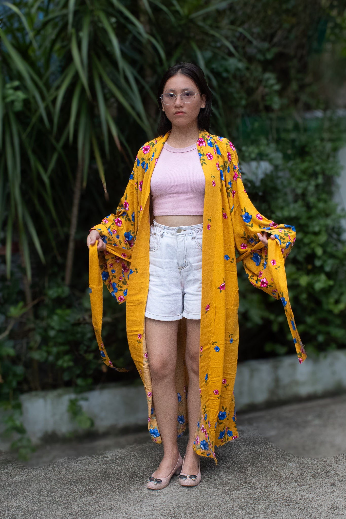 ✦ Golden Hibiscus (Oversized) – Long & Flowy Mustard Yellow Cotton Kimono with Colorful Floral Print