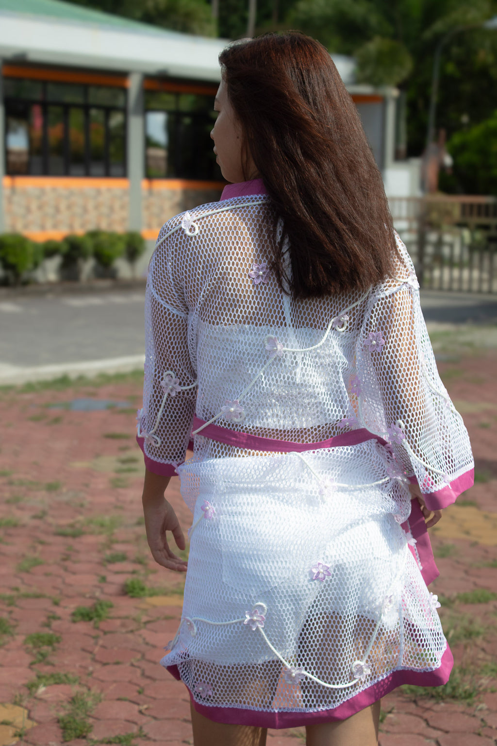✦ Midsummer Veil – Airy Open-Weave Mesh Kimono with Floral Design, Old Rose Trim, Flower & Rope Embellishments