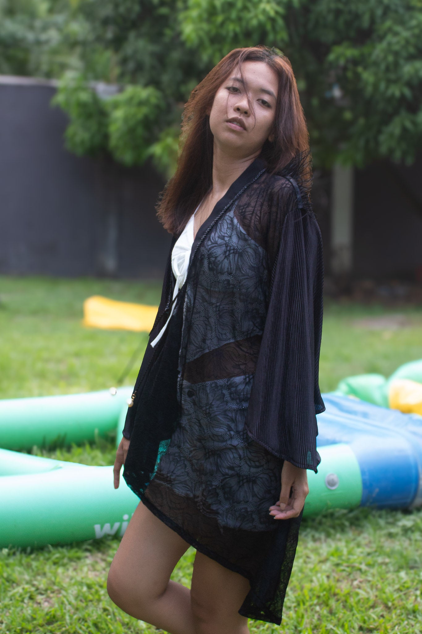 ✦ Feather Eclipse – Black Sheer Lace Kimono with Pleated Sleeves and Feathered Shoulders