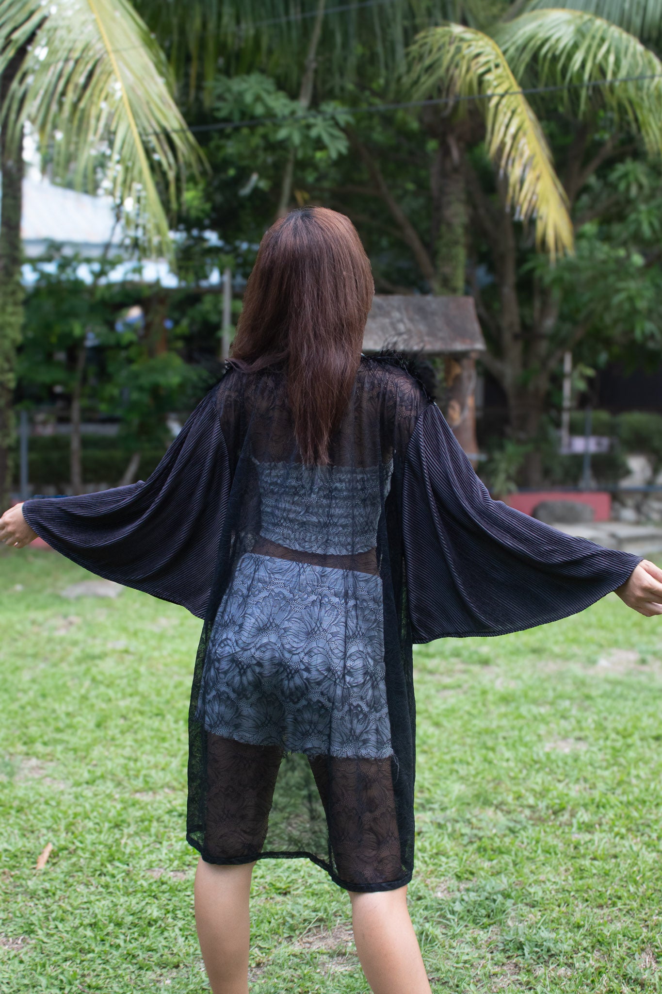 ✦ Feather Eclipse – Black Sheer Lace Kimono with Pleated Sleeves and Feathered Shoulders