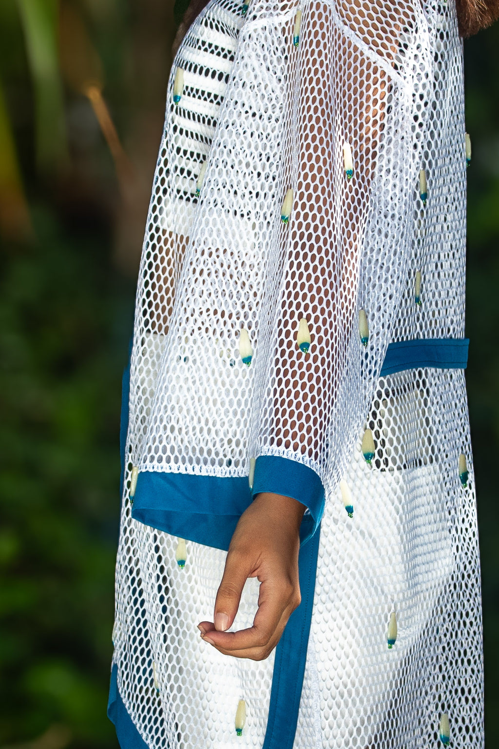 ✦ Azure Drop – White Open Mesh Kimono with Blue trim and Kalinga Tear Drop Beads