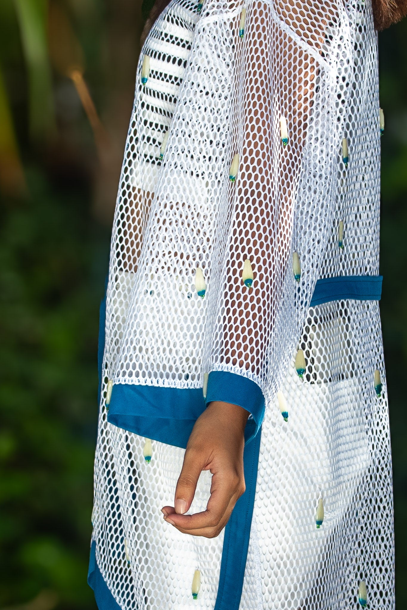 ✦ Azure Drop – White Open Mesh Kimono with Blue trim and Kalinga Tear Drop Beads