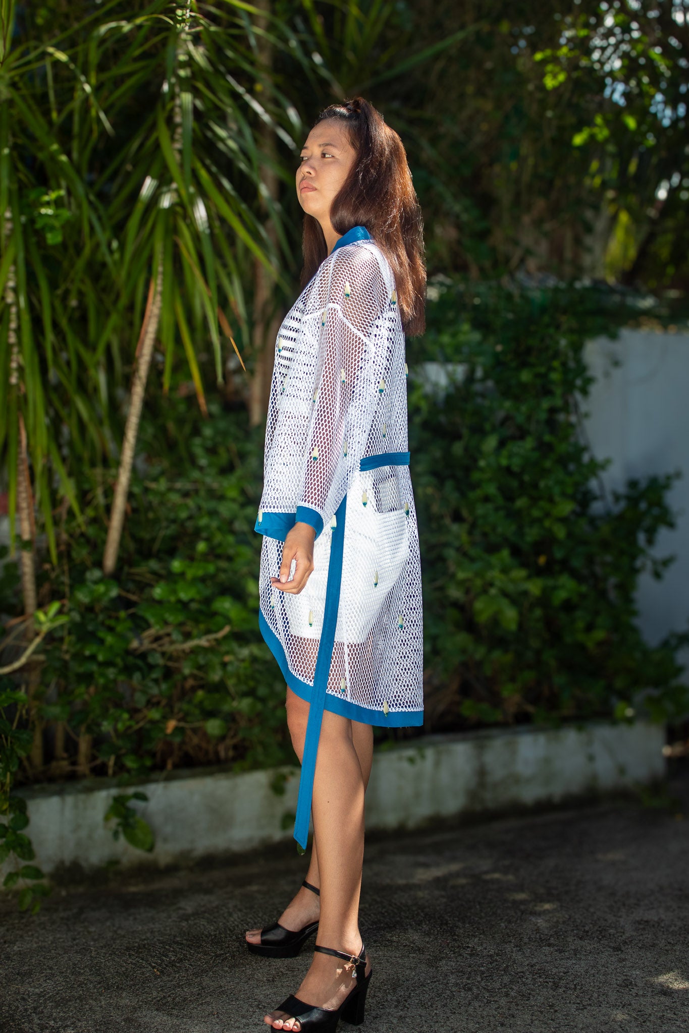 ✦ Azure Drop – White Open Mesh Kimono with Blue trim and Kalinga Tear Drop Beads