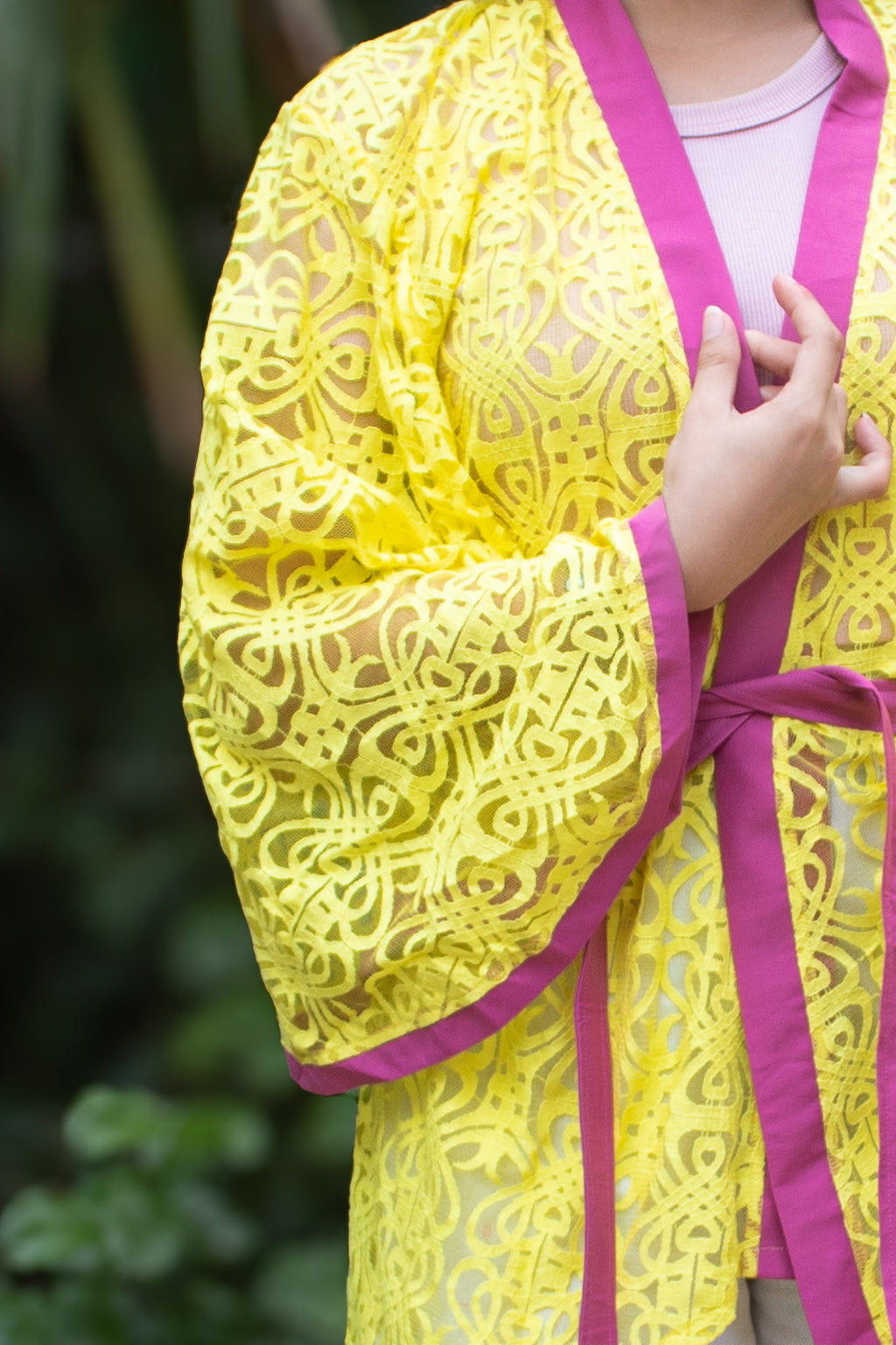 ✦ Citrus Zest – Vibrant Yellow Lace Kimono with Colored Accents and Intricate Pattern