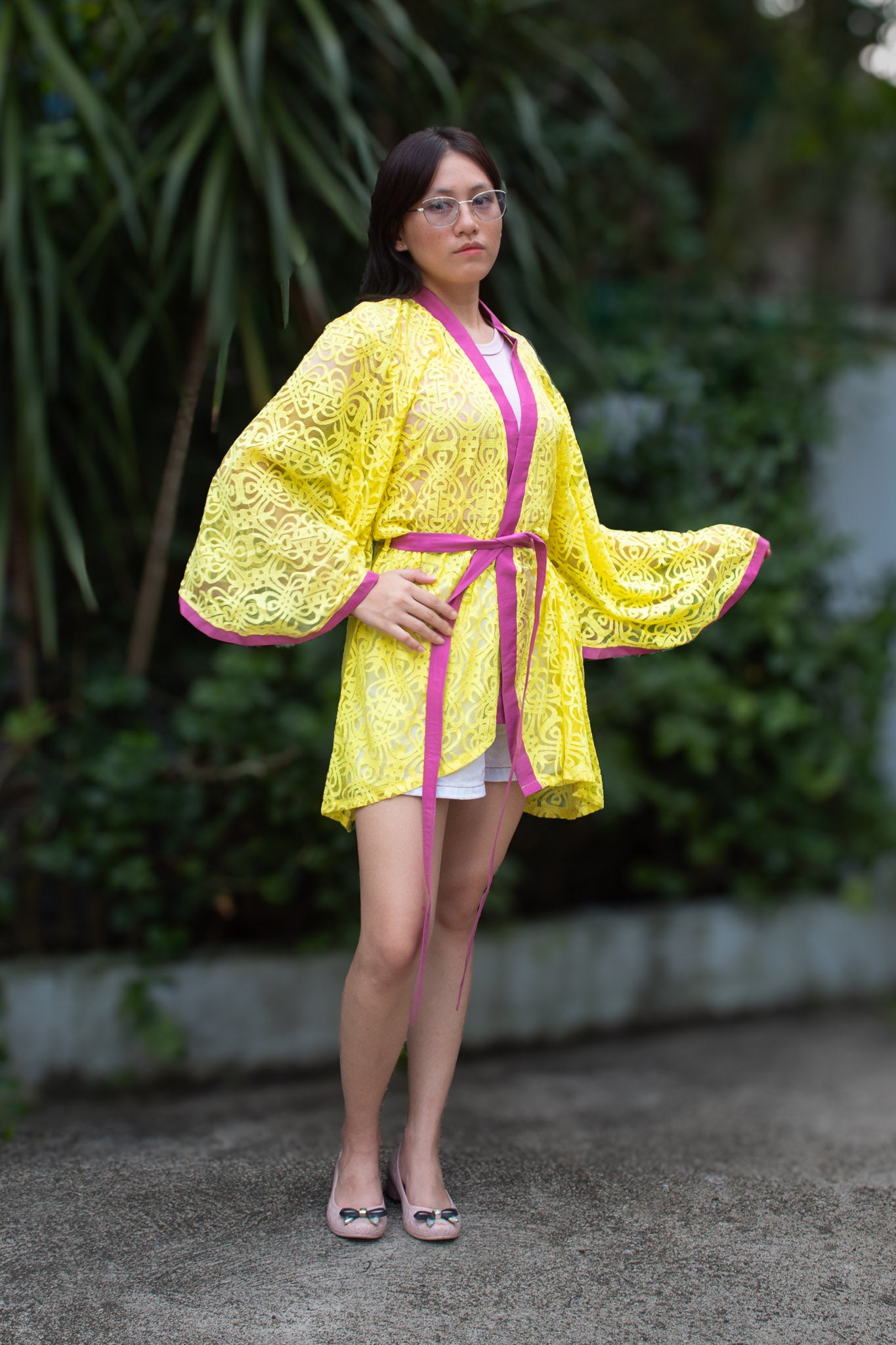 ✦ Citrus Zest – Vibrant Yellow Lace Kimono with Colored Accents and Intricate Pattern
