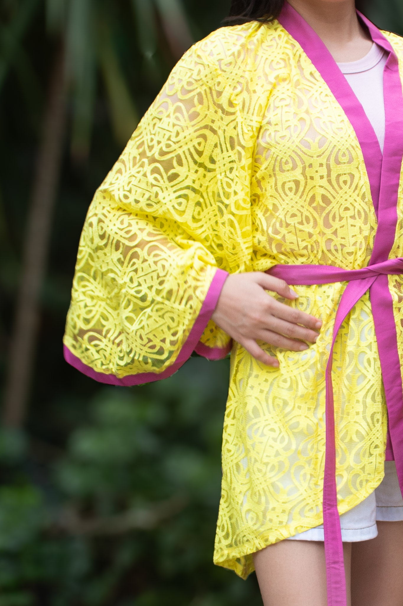 ✦ Citrus Zest – Vibrant Yellow Lace Kimono with Colored Accents and Intricate Pattern