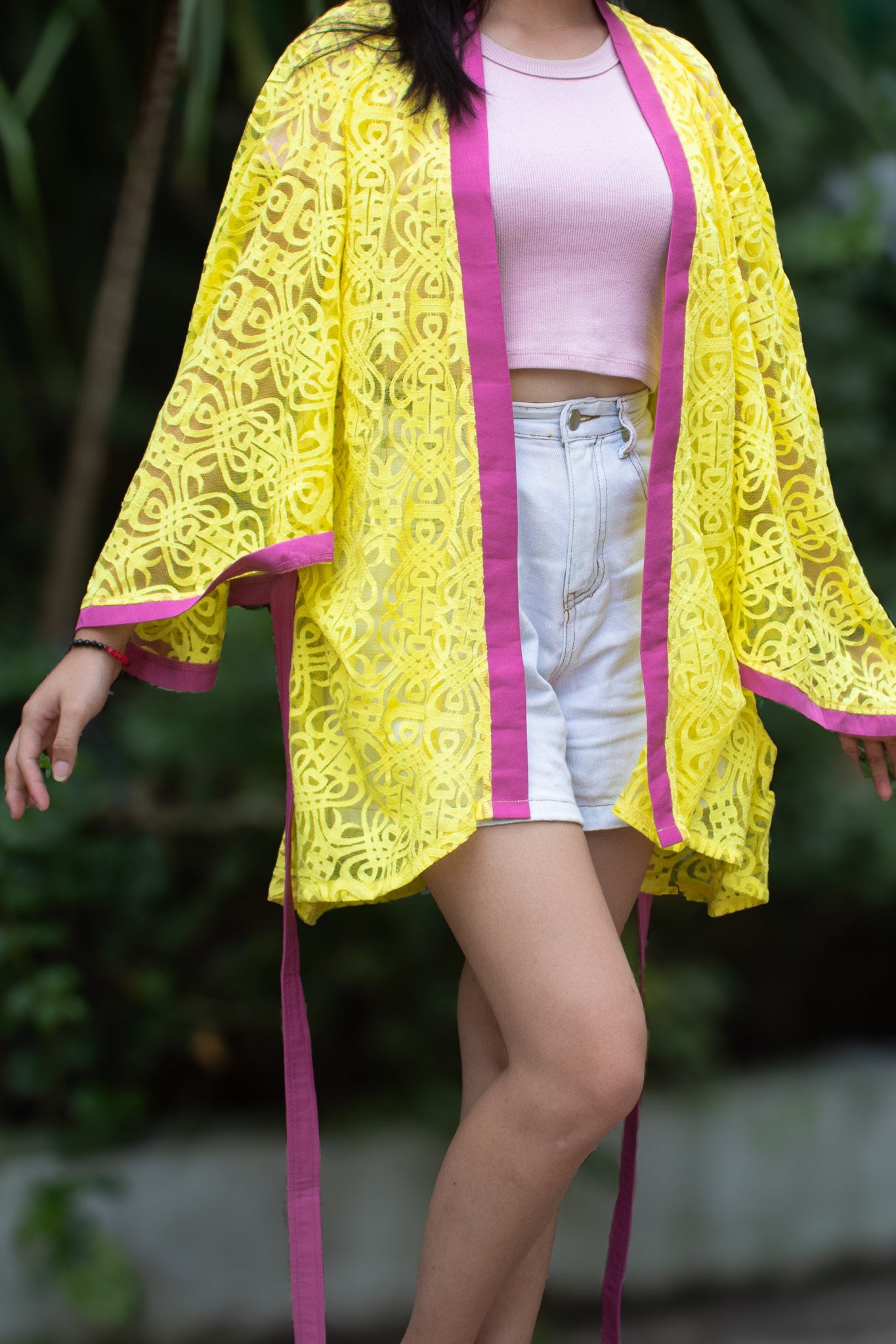 ✦ Citrus Zest – Vibrant Yellow Lace Kimono with Colored Accents and Intricate Pattern
