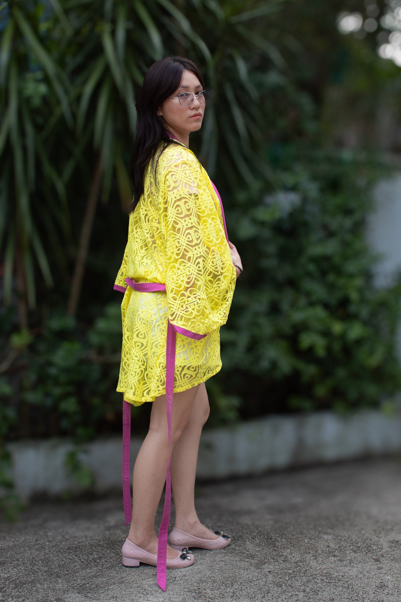 ✦ Citrus Zest – Vibrant Yellow Lace Kimono with Colored Accents and Intricate Pattern