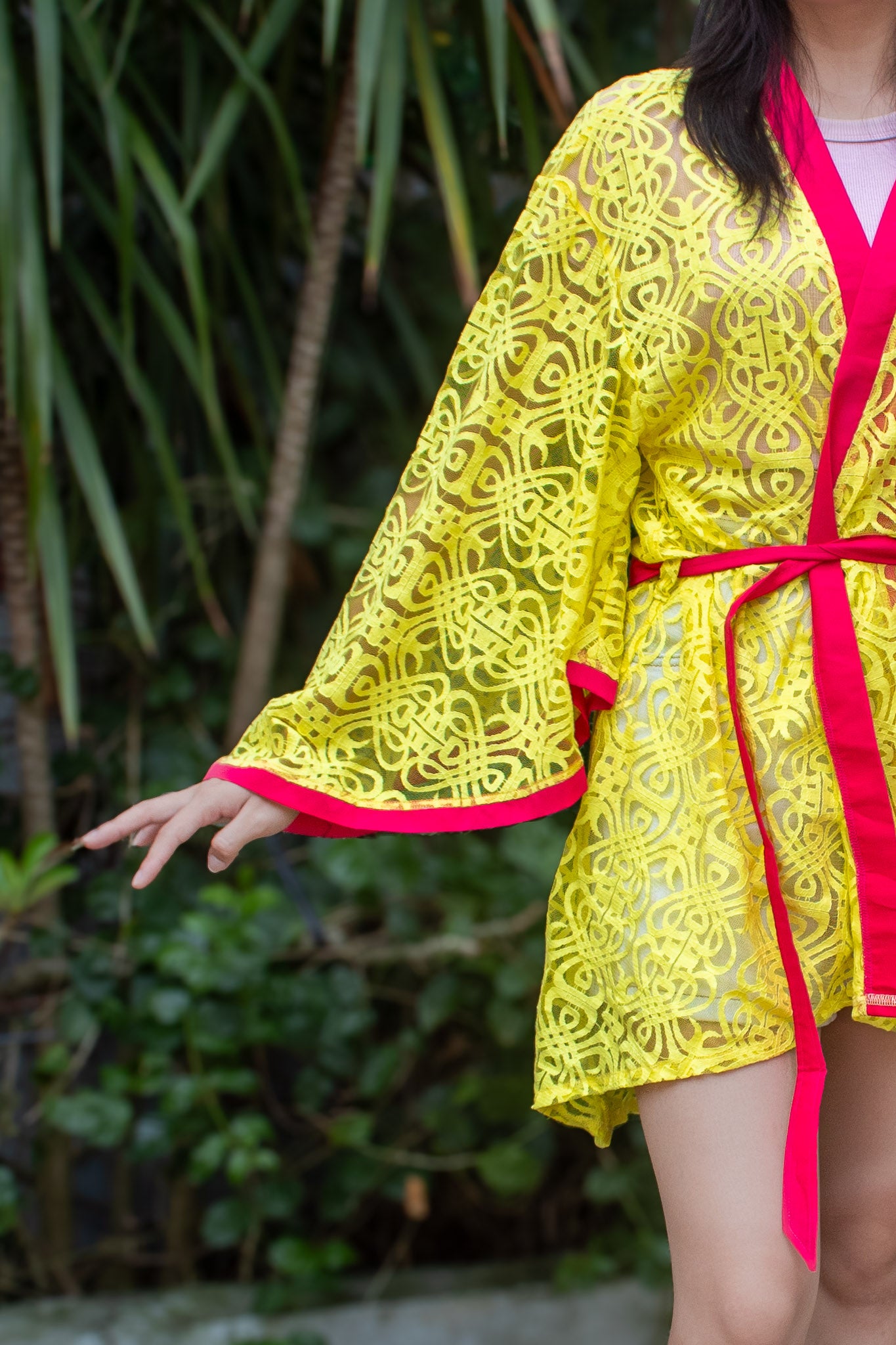 ✦ Citrus Zest – Vibrant Yellow Lace Kimono with Colored Accents and Intricate Pattern