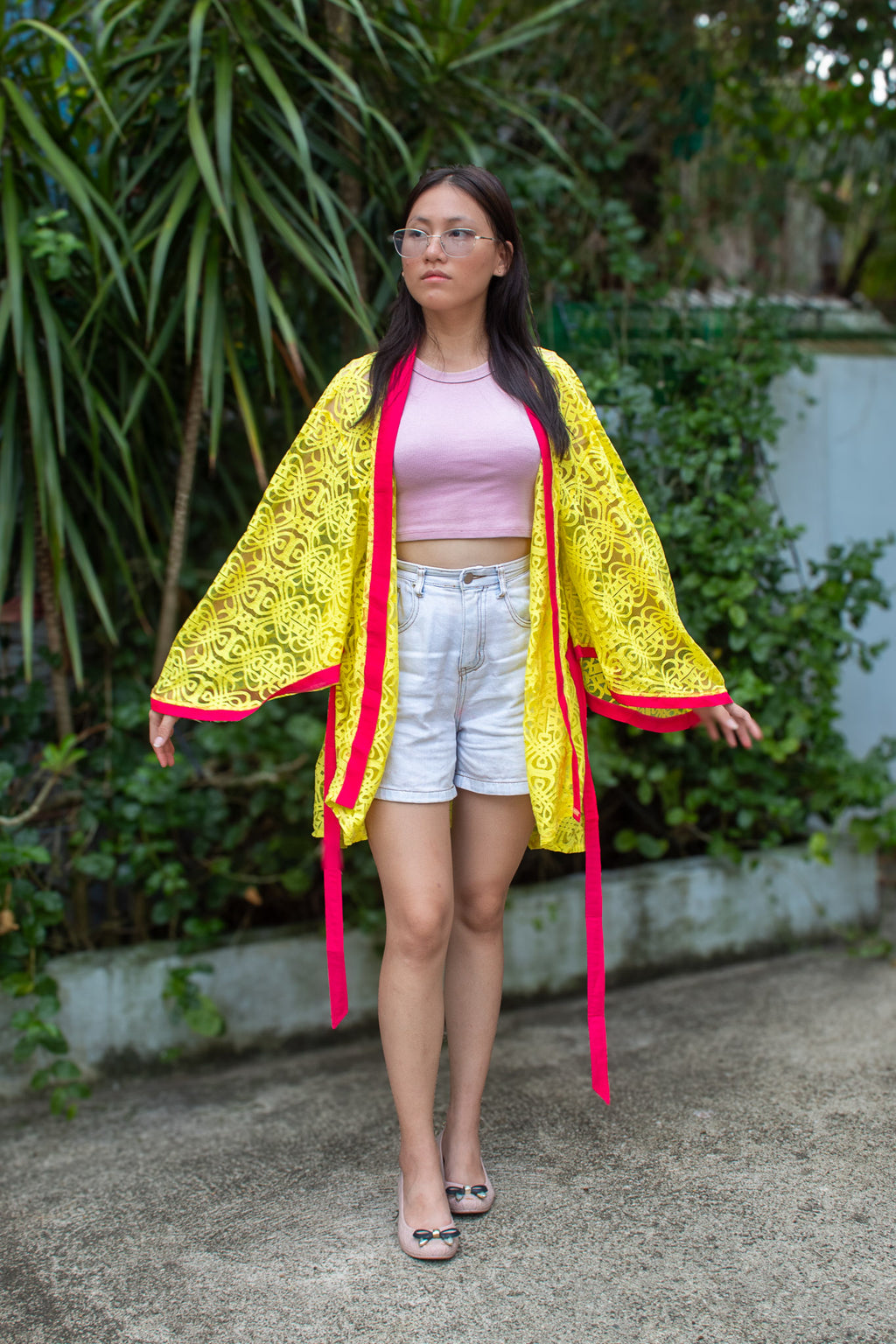 ✦ Citrus Zest – Vibrant Yellow Lace Kimono with Colored Accents and Intricate Pattern