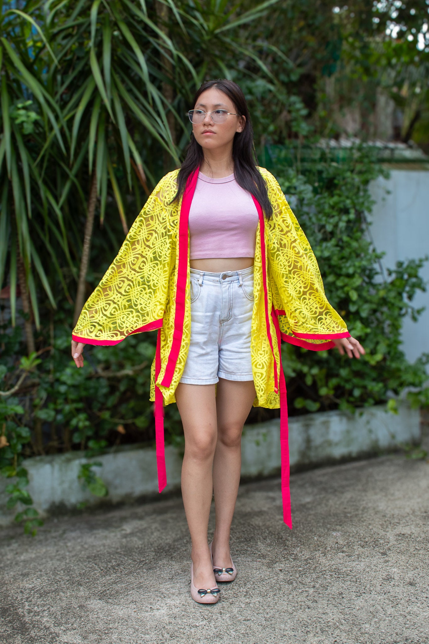 ✦ Citrus Zest – Vibrant Yellow Lace Kimono with Colored Accents and Intricate Pattern