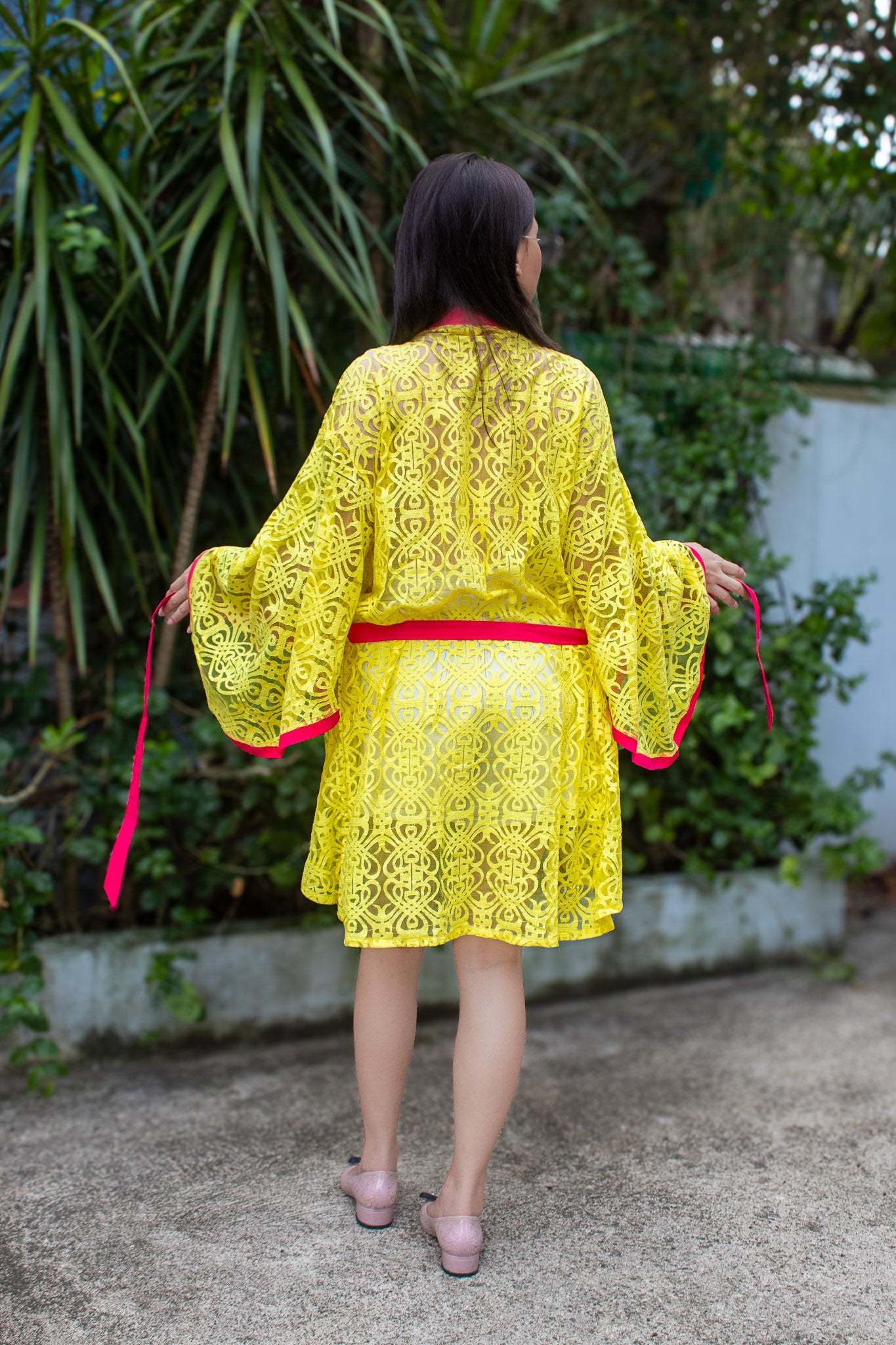 ✦ Citrus Zest – Vibrant Yellow Lace Kimono with Colored Accents and Intricate Pattern