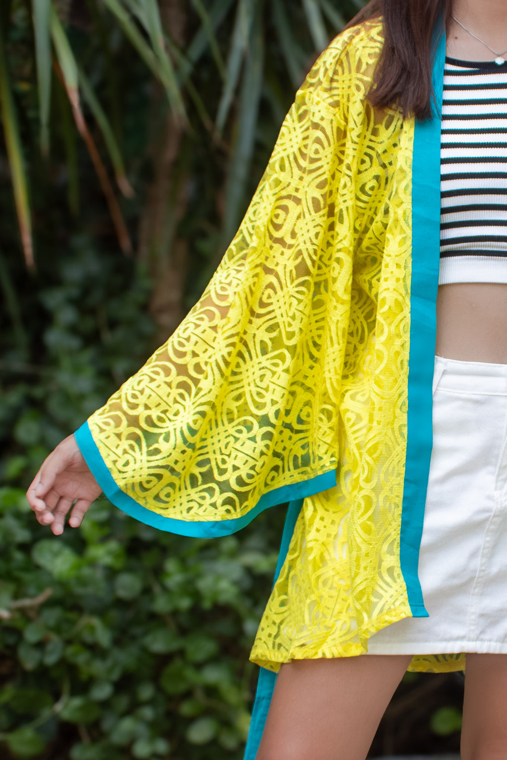 ✦ Citrus Zest – Vibrant Yellow Lace Kimono with Colored Accents and Intricate Pattern