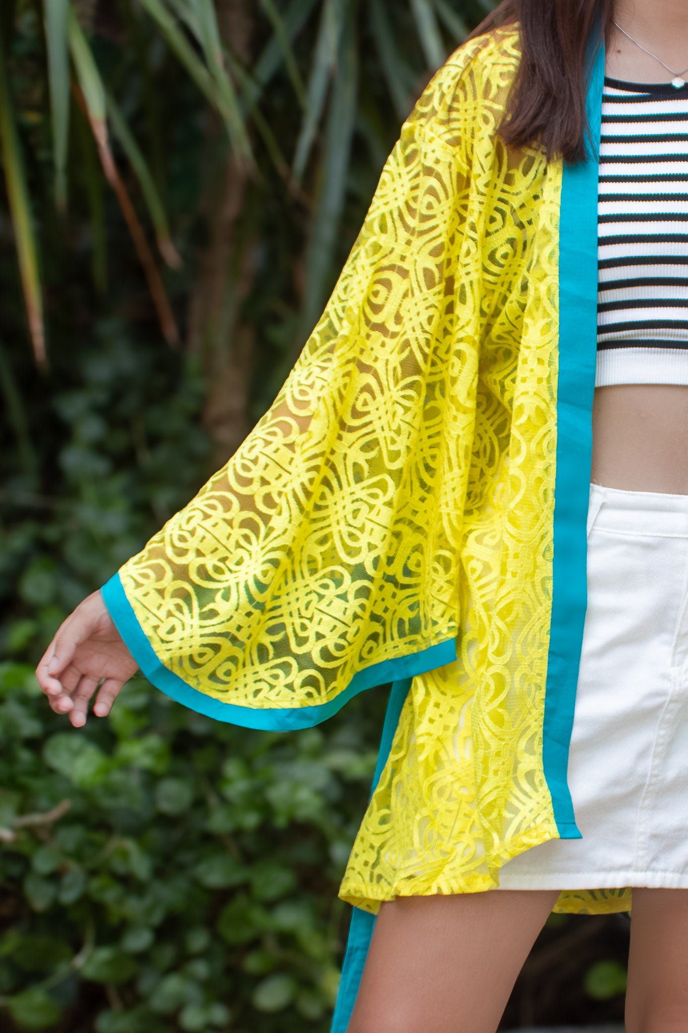 ✦ Citrus Zest – Vibrant Yellow Lace Kimono with Colored Accents and Intricate Pattern