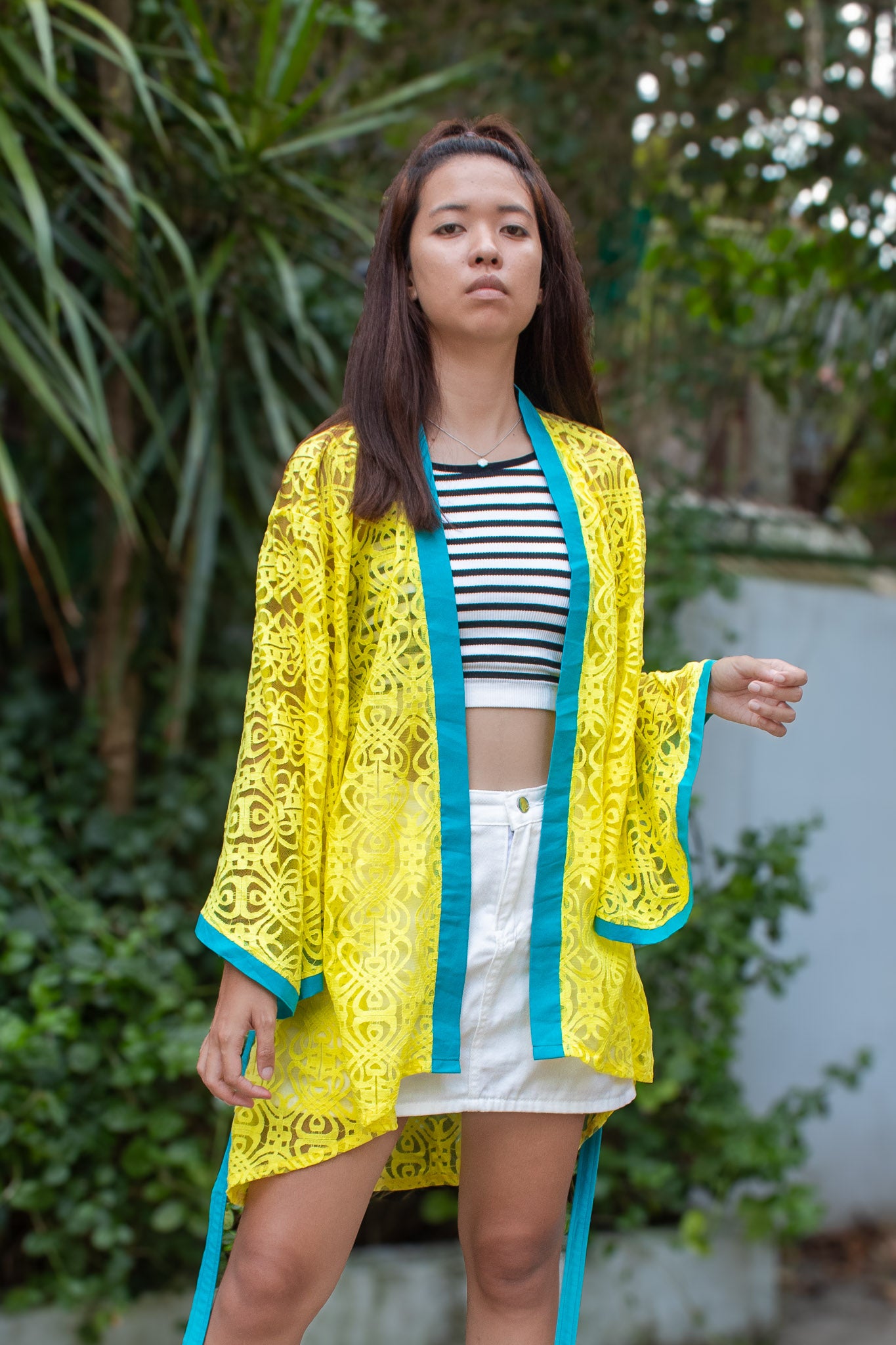 ✦ Citrus Zest – Vibrant Yellow Lace Kimono with Colored Accents and Intricate Pattern