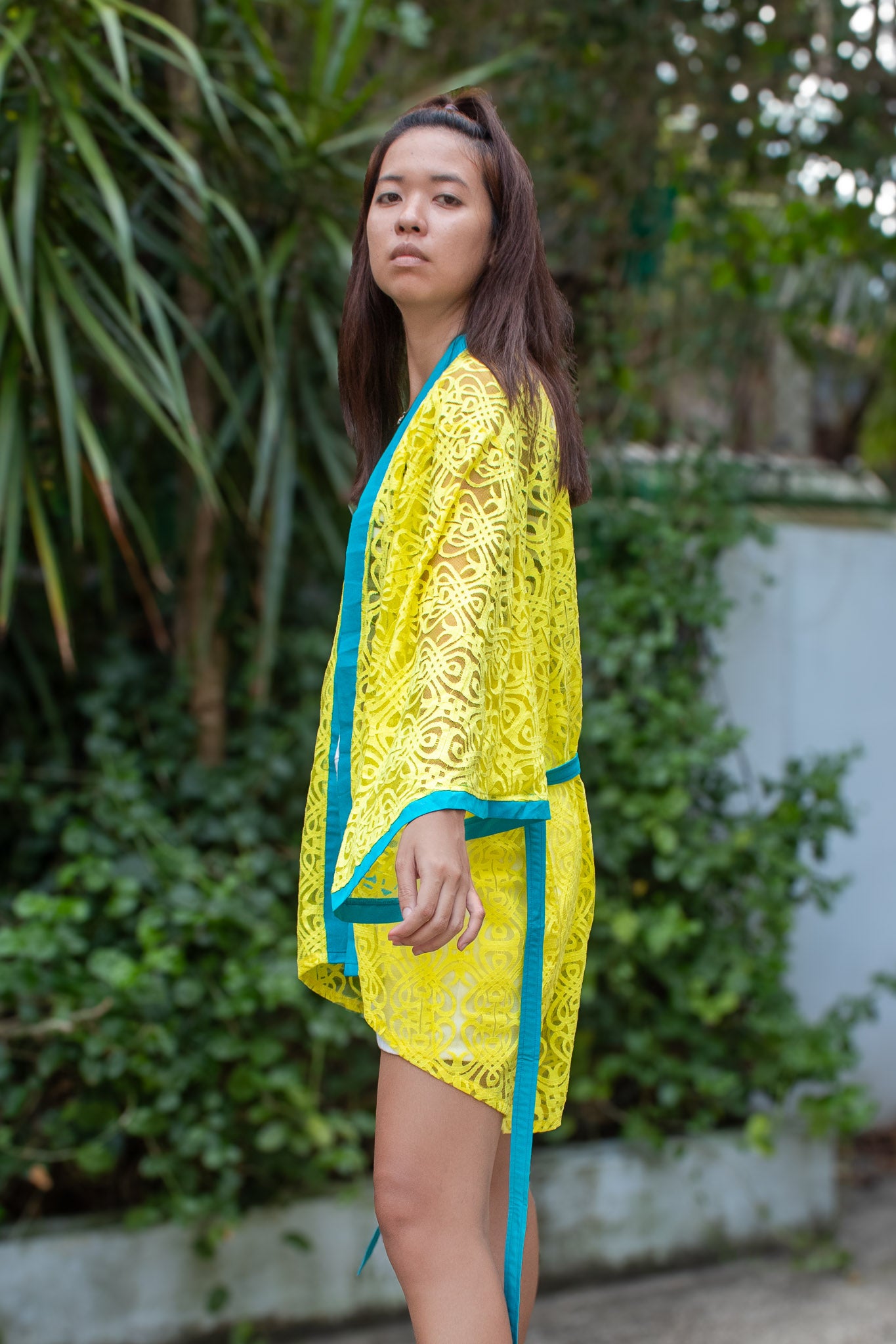 ✦ Citrus Zest – Vibrant Yellow Lace Kimono with Colored Accents and Intricate Pattern