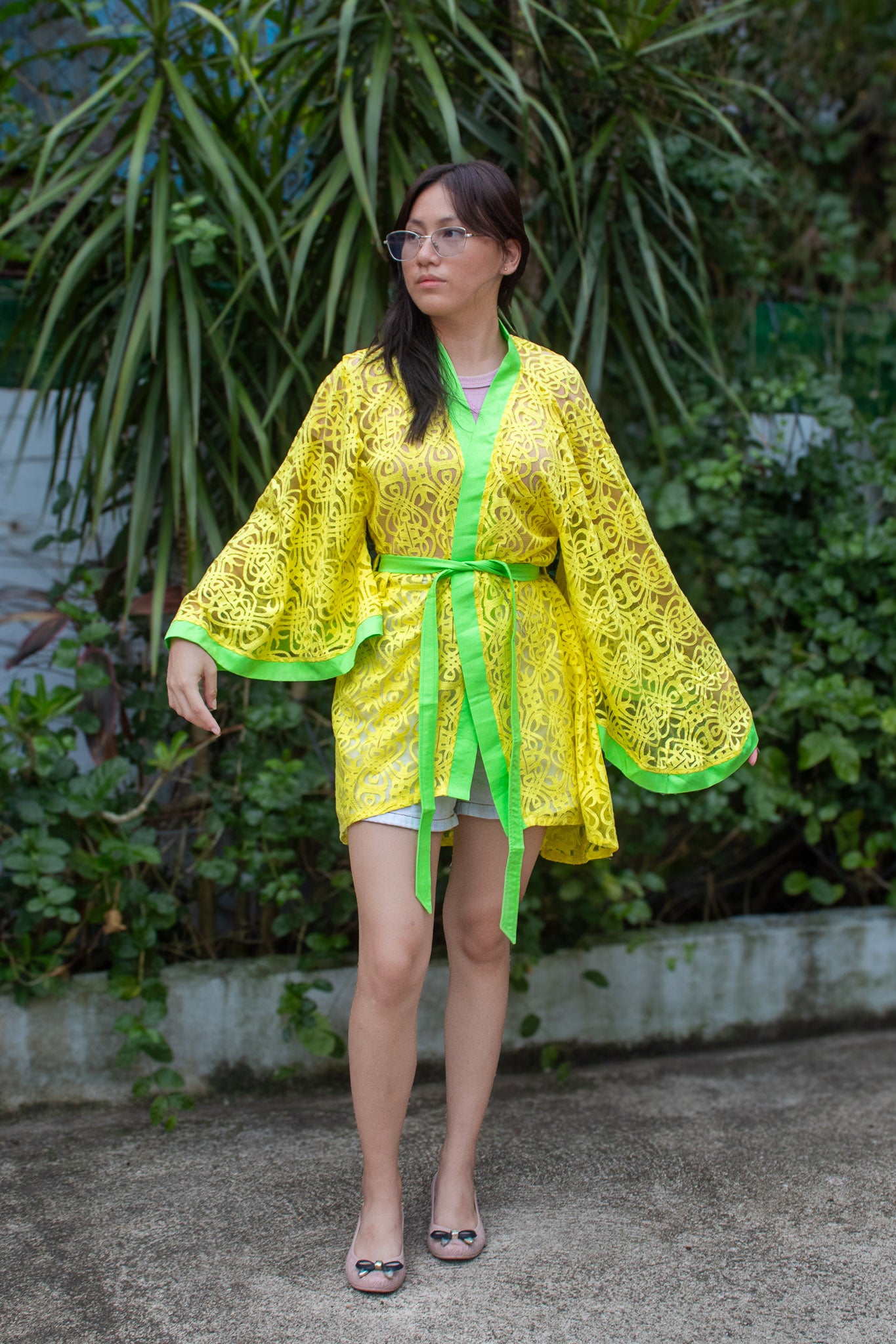 ✦ Citrus Zest – Vibrant Yellow Lace Kimono with Colored Accents and Intricate Pattern