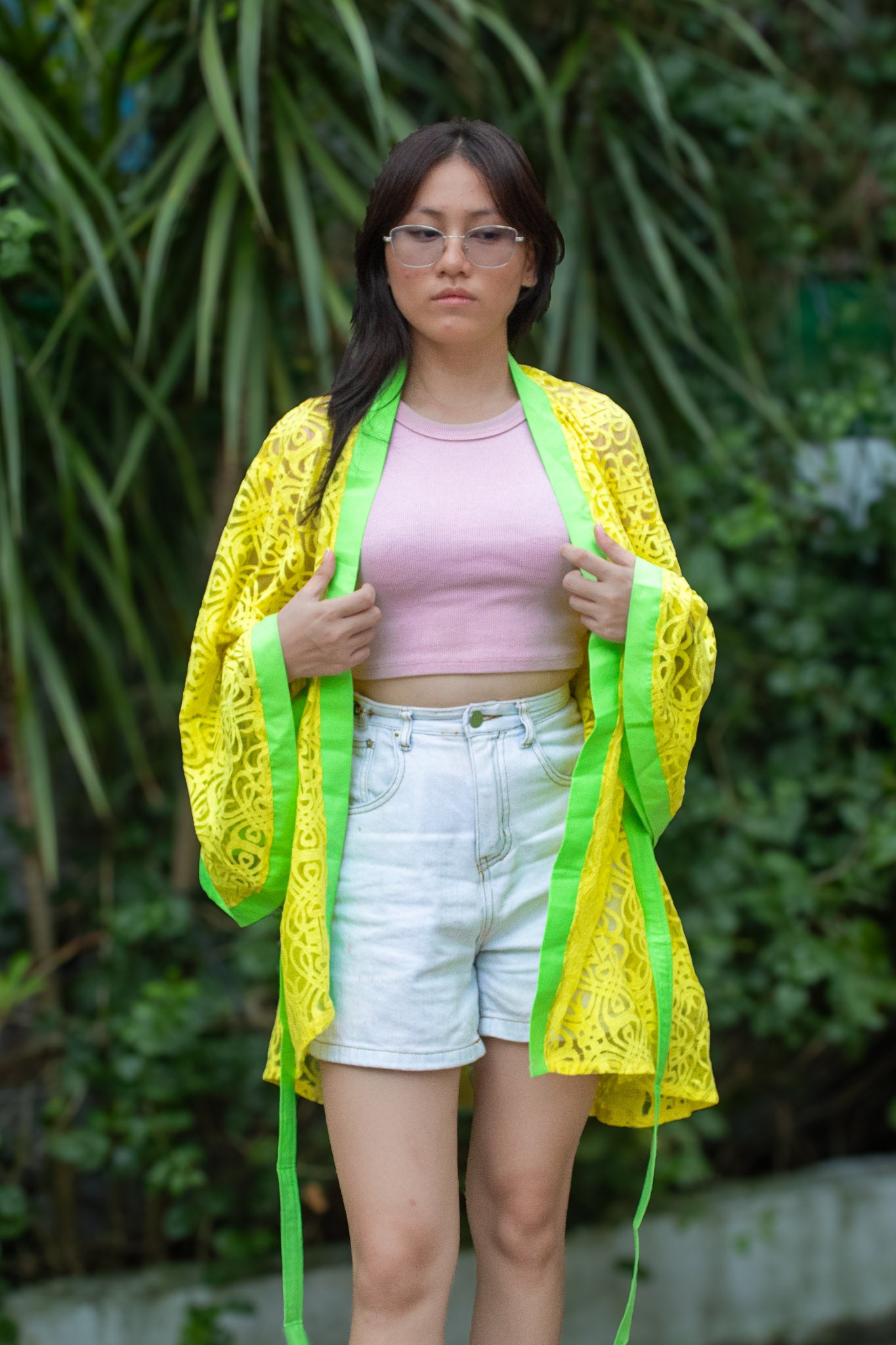 ✦ Citrus Zest – Vibrant Yellow Lace Kimono with Colored Accents and Intricate Pattern