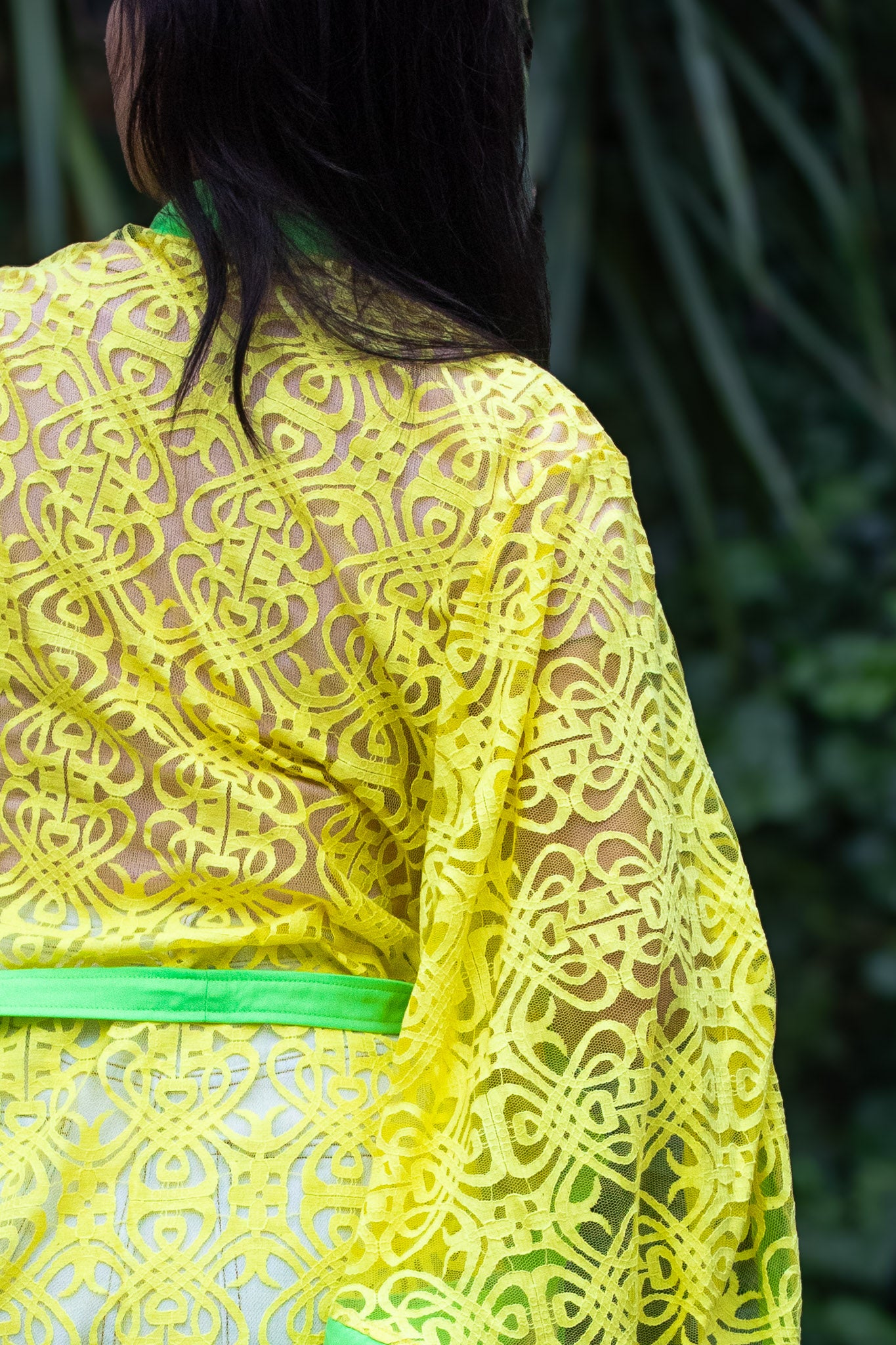 ✦ Citrus Zest – Vibrant Yellow Lace Kimono with Colored Accents and Intricate Pattern