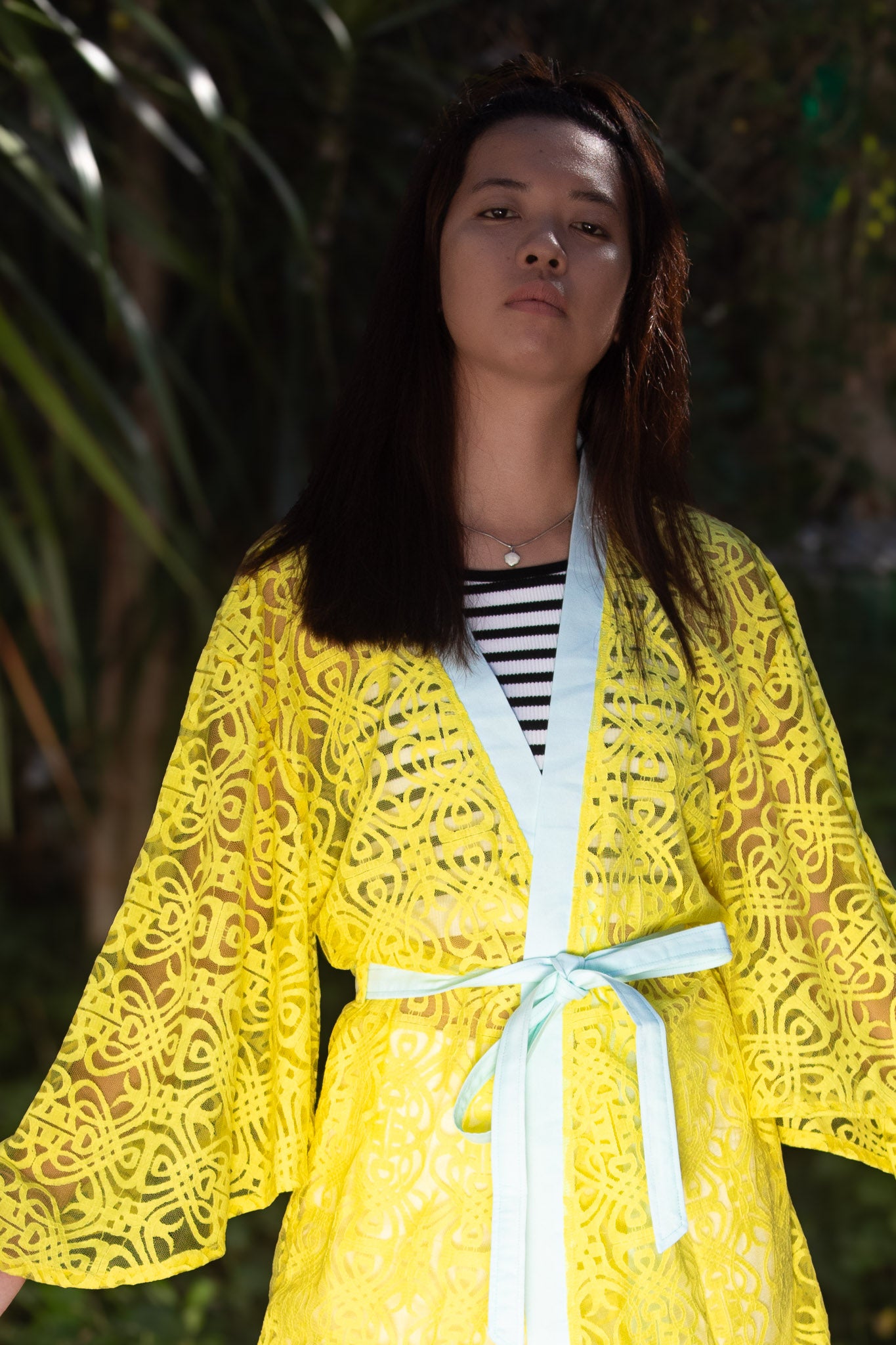 ✦ Citrus Zest – Vibrant Yellow Lace Kimono with Colored Accents and Intricate Pattern
