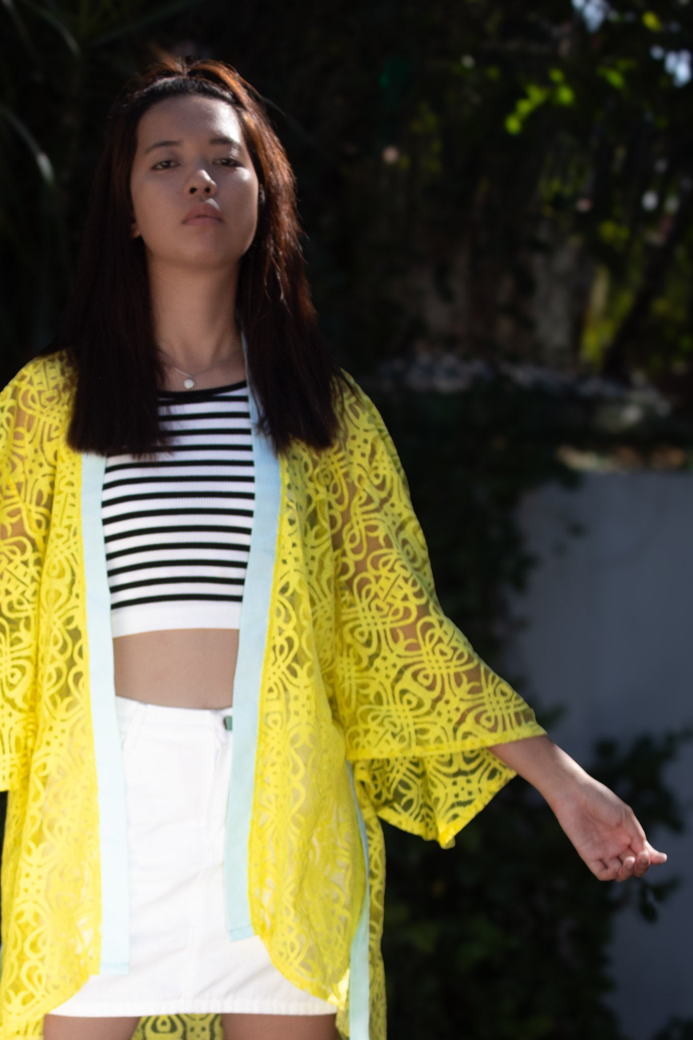 ✦ Citrus Zest – Vibrant Yellow Lace Kimono with Colored Accents and Intricate Pattern