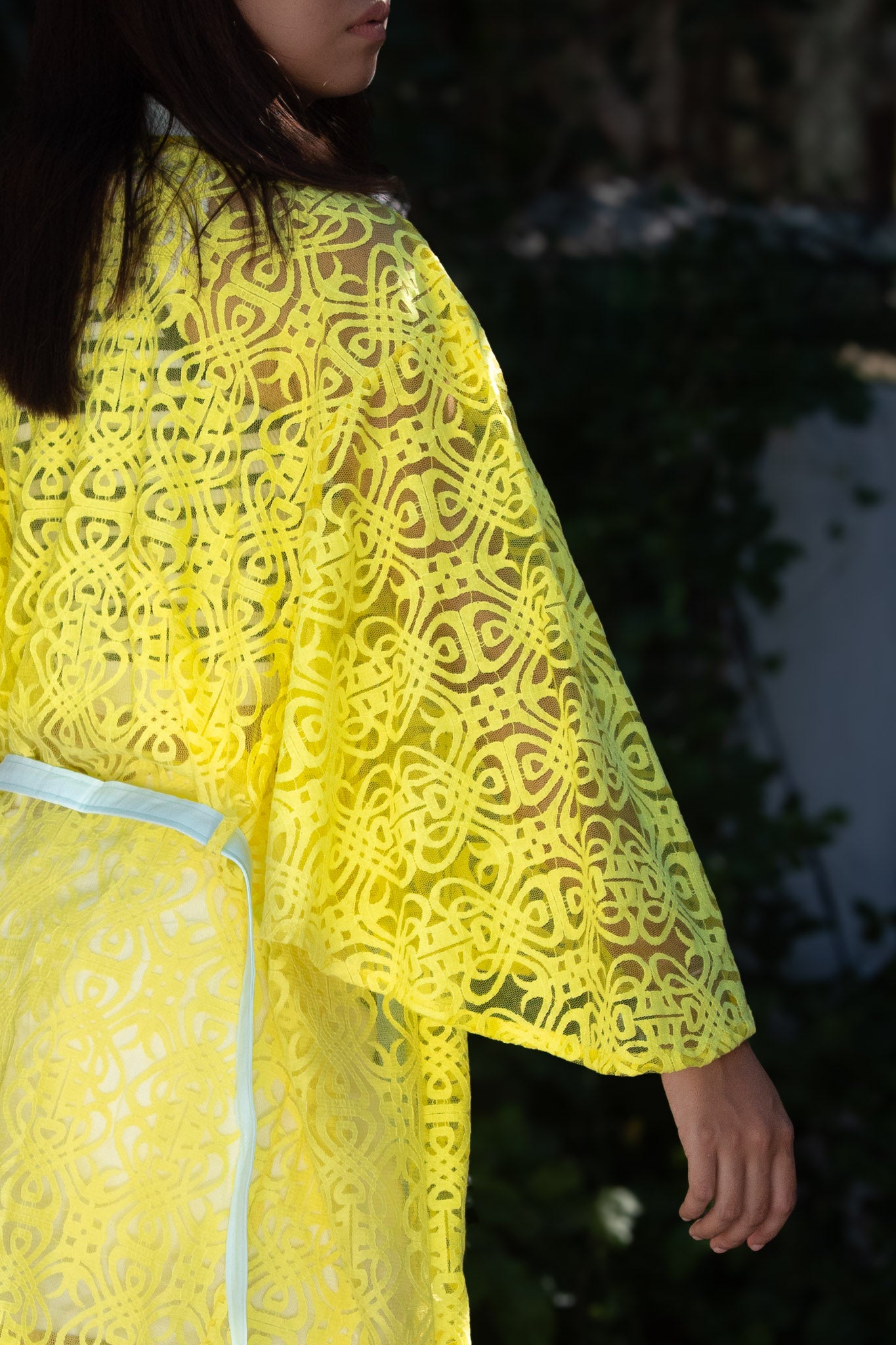 ✦ Citrus Zest – Vibrant Yellow Lace Kimono with Colored Accents and Intricate Pattern