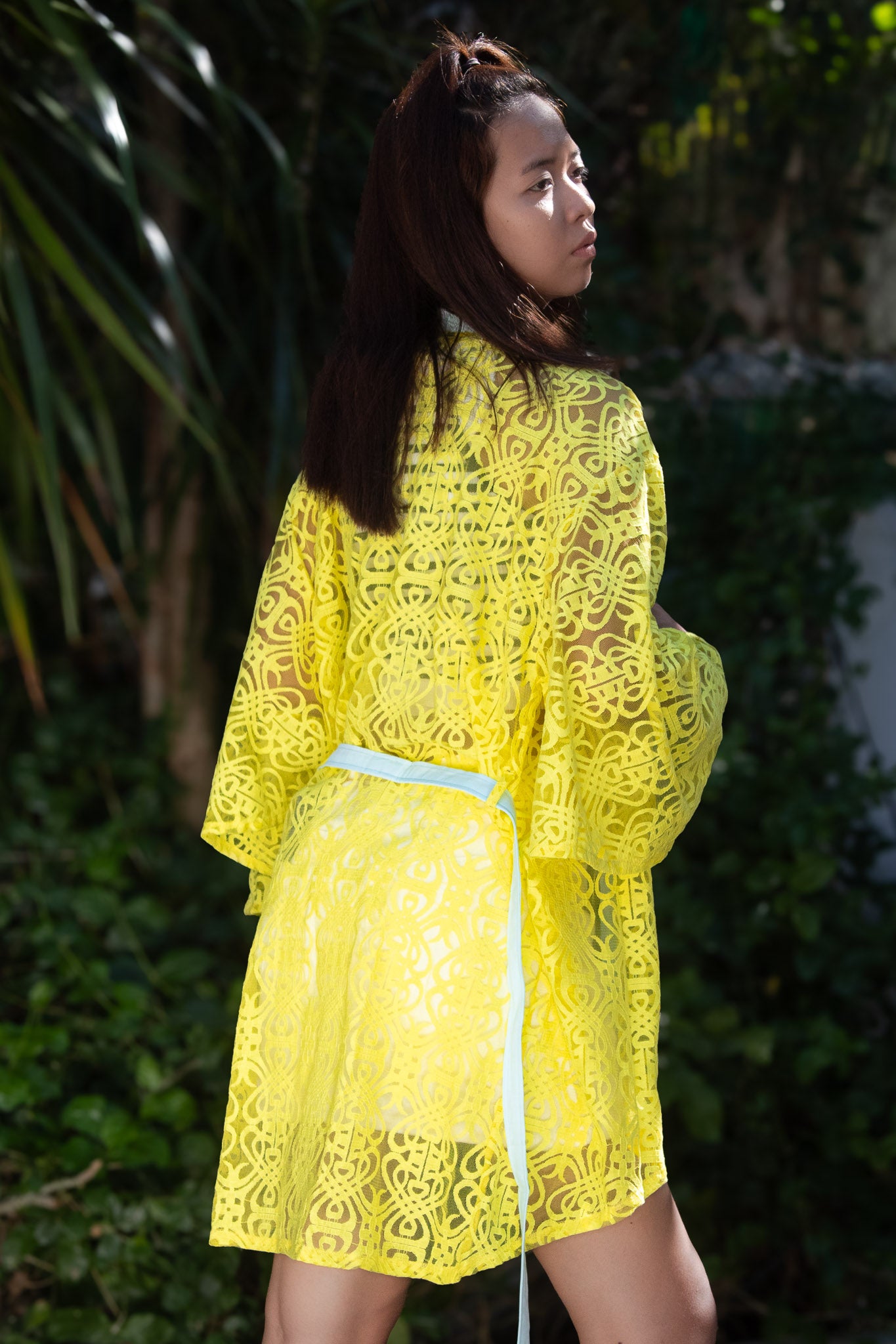 ✦ Citrus Zest – Vibrant Yellow Lace Kimono with Colored Accents and Intricate Pattern
