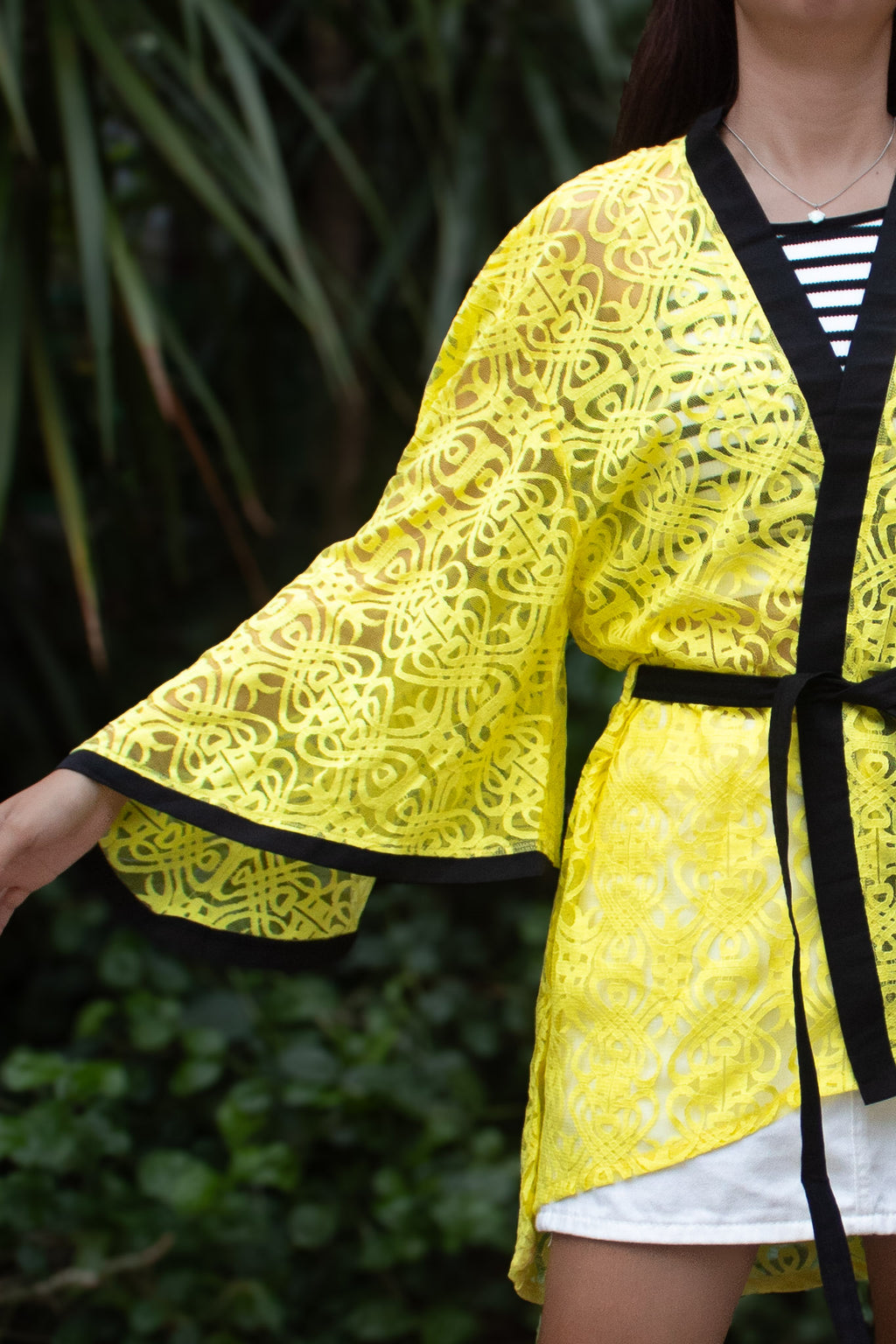 ✦ Citrus Zest – Vibrant Yellow Lace Kimono with Colored Accents and Intricate Pattern