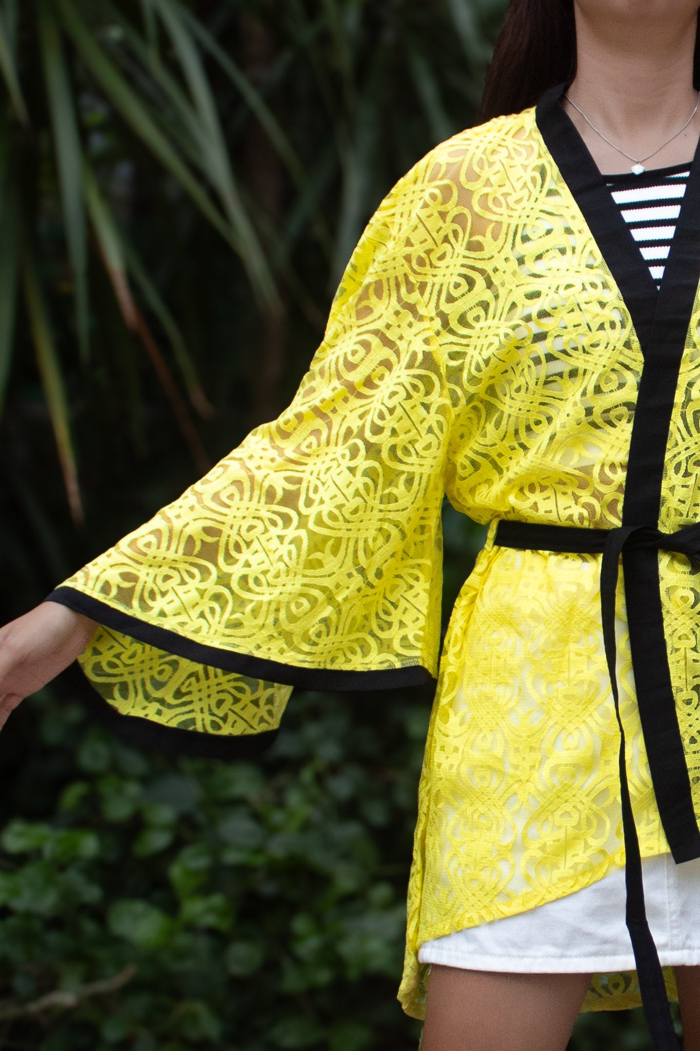 ✦ Citrus Zest – Vibrant Yellow Lace Kimono with Colored Accents and Intricate Pattern