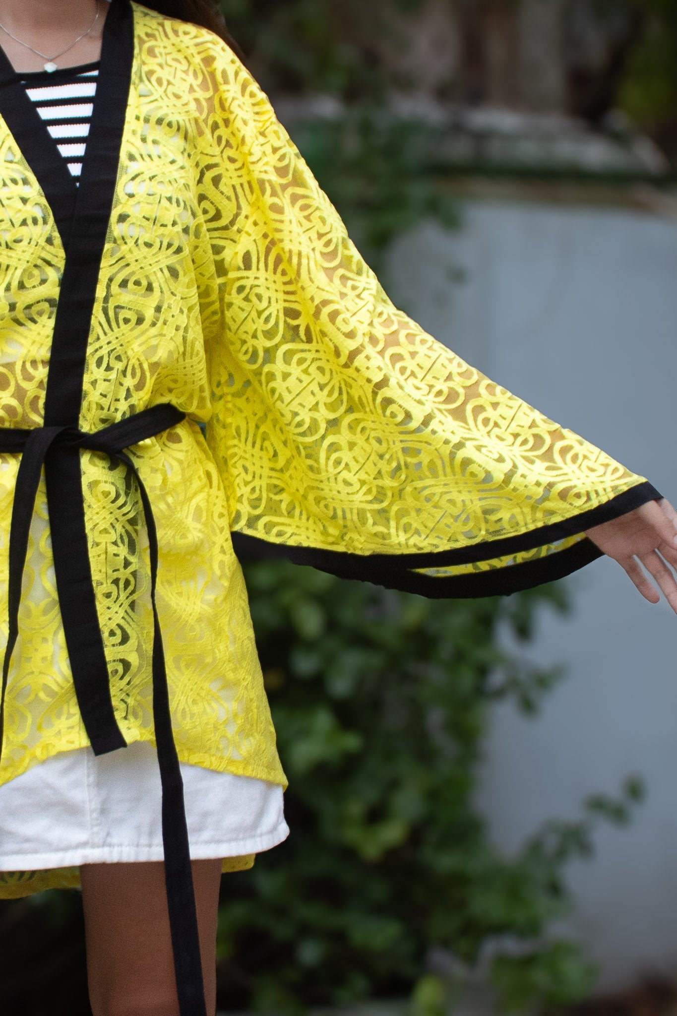 ✦ Citrus Zest – Vibrant Yellow Lace Kimono with Colored Accents and Intricate Pattern