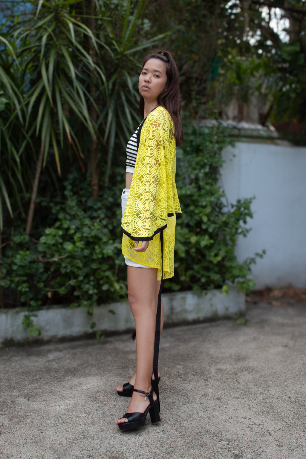 ✦ Citrus Zest – Vibrant Yellow Lace Kimono with Colored Accents and Intricate Pattern