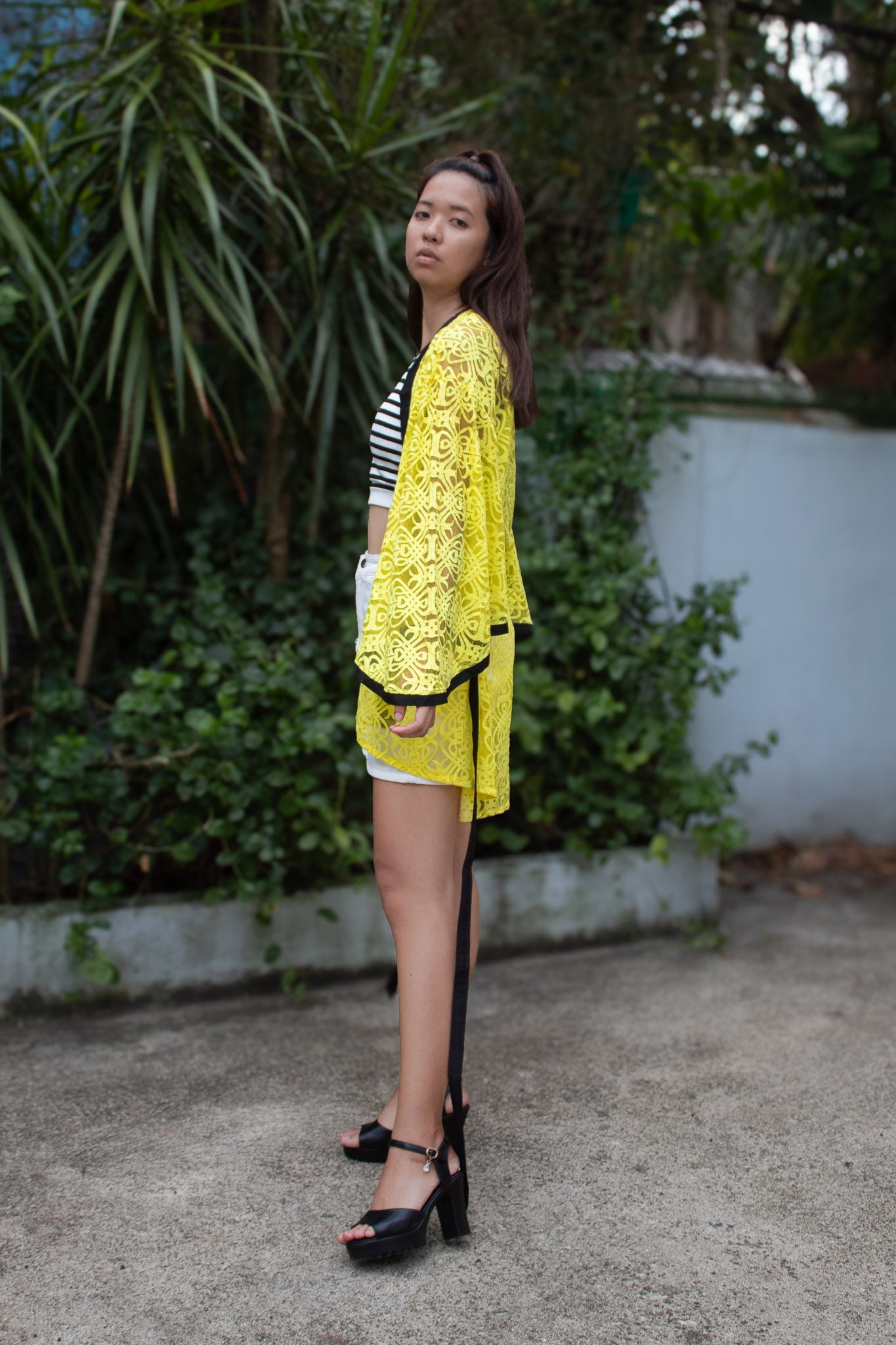✦ Citrus Zest – Vibrant Yellow Lace Kimono with Colored Accents and Intricate Pattern