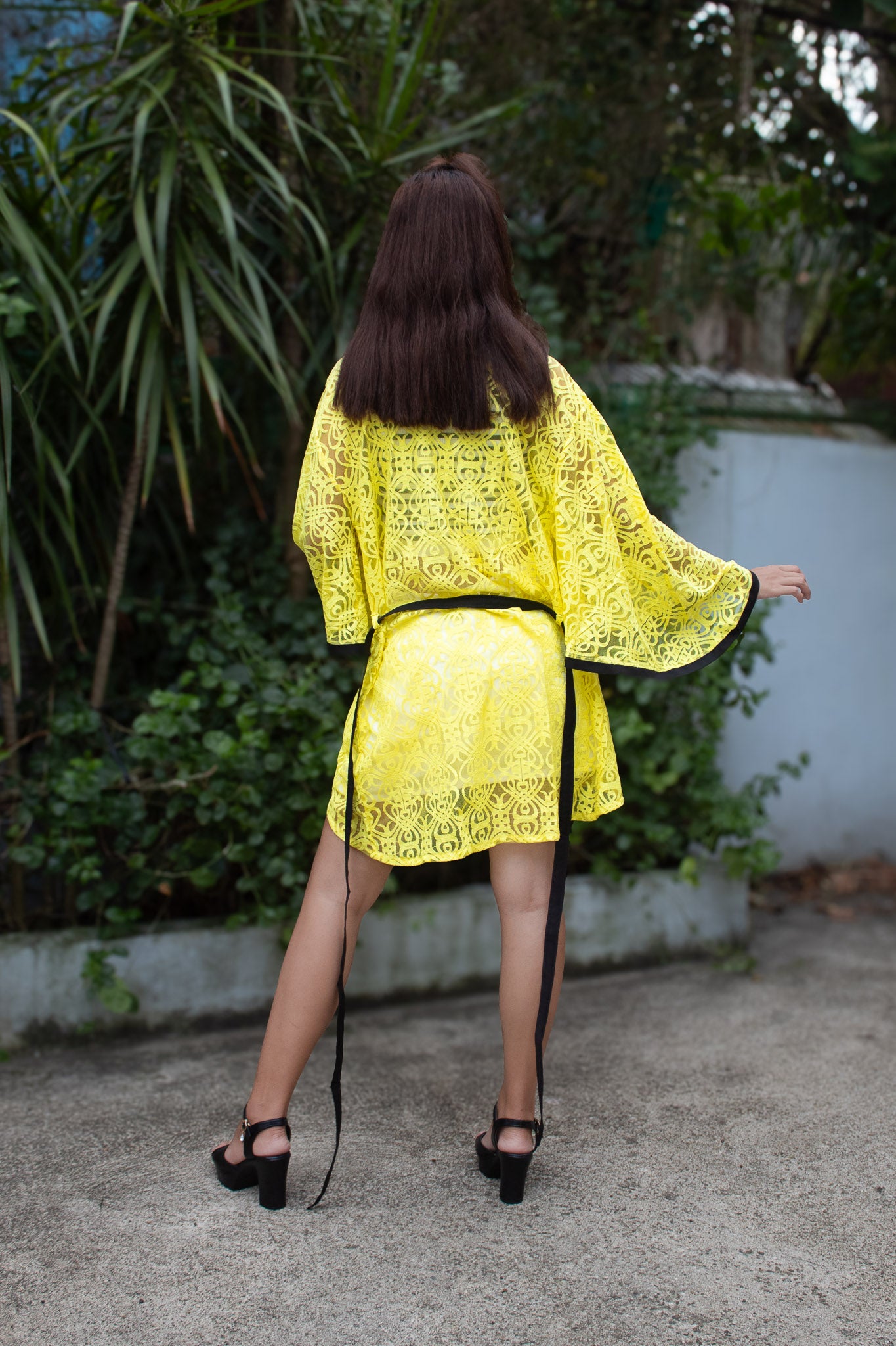 ✦ Citrus Zest – Vibrant Yellow Lace Kimono with Colored Accents and Intricate Pattern