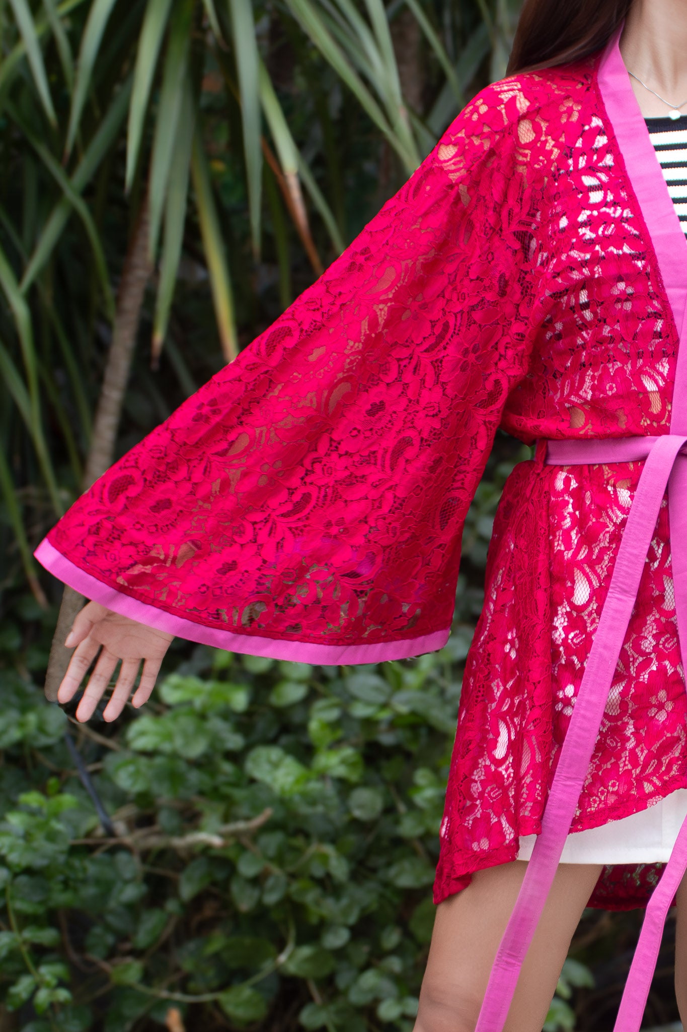 ✦ Midnight Hibiscus - Intricate Floral Maroon Lace Kimono with Stunning Matching Accent