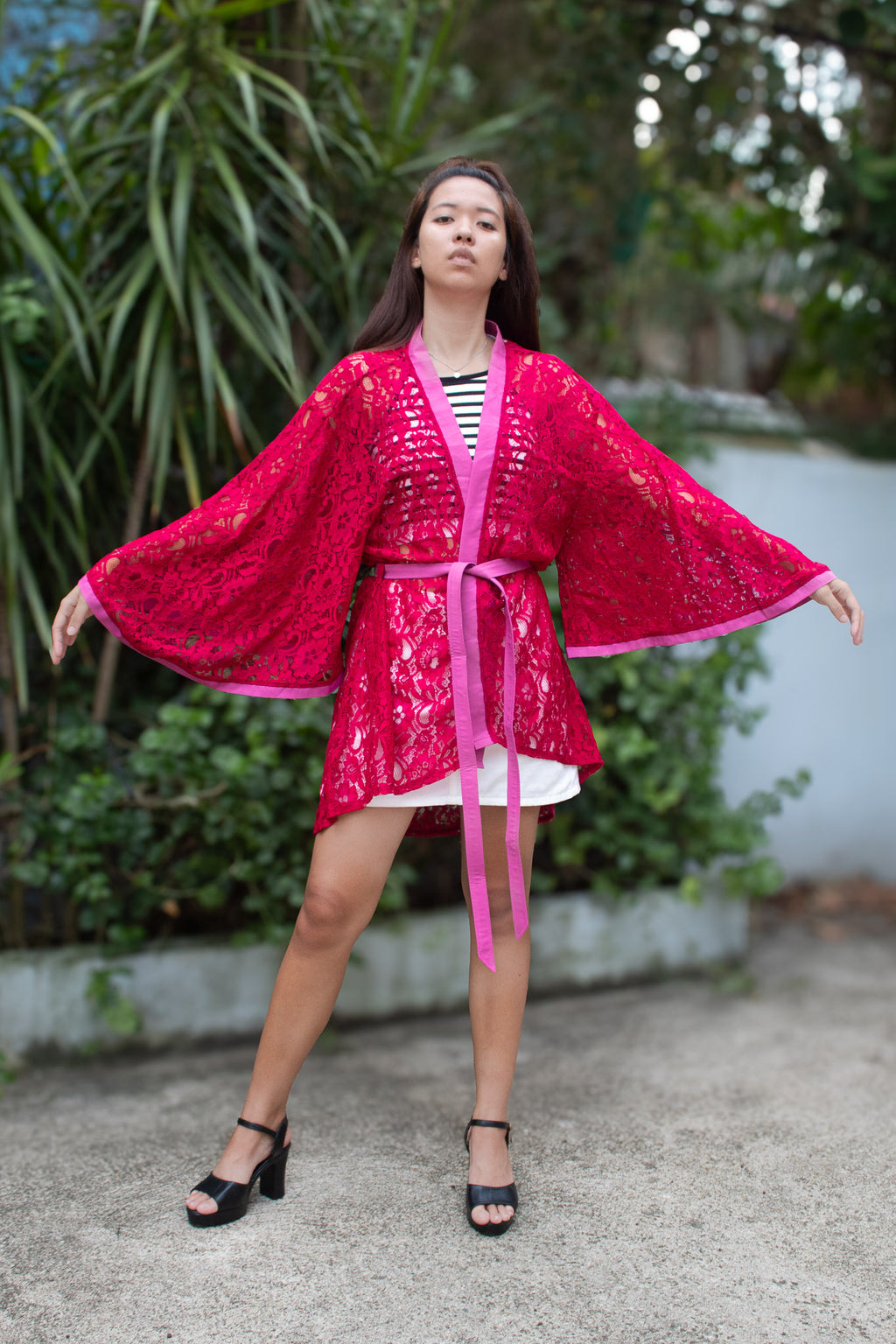 ✦ Midnight Hibiscus - Intricate Floral Maroon Lace Kimono with Stunning Matching Accent