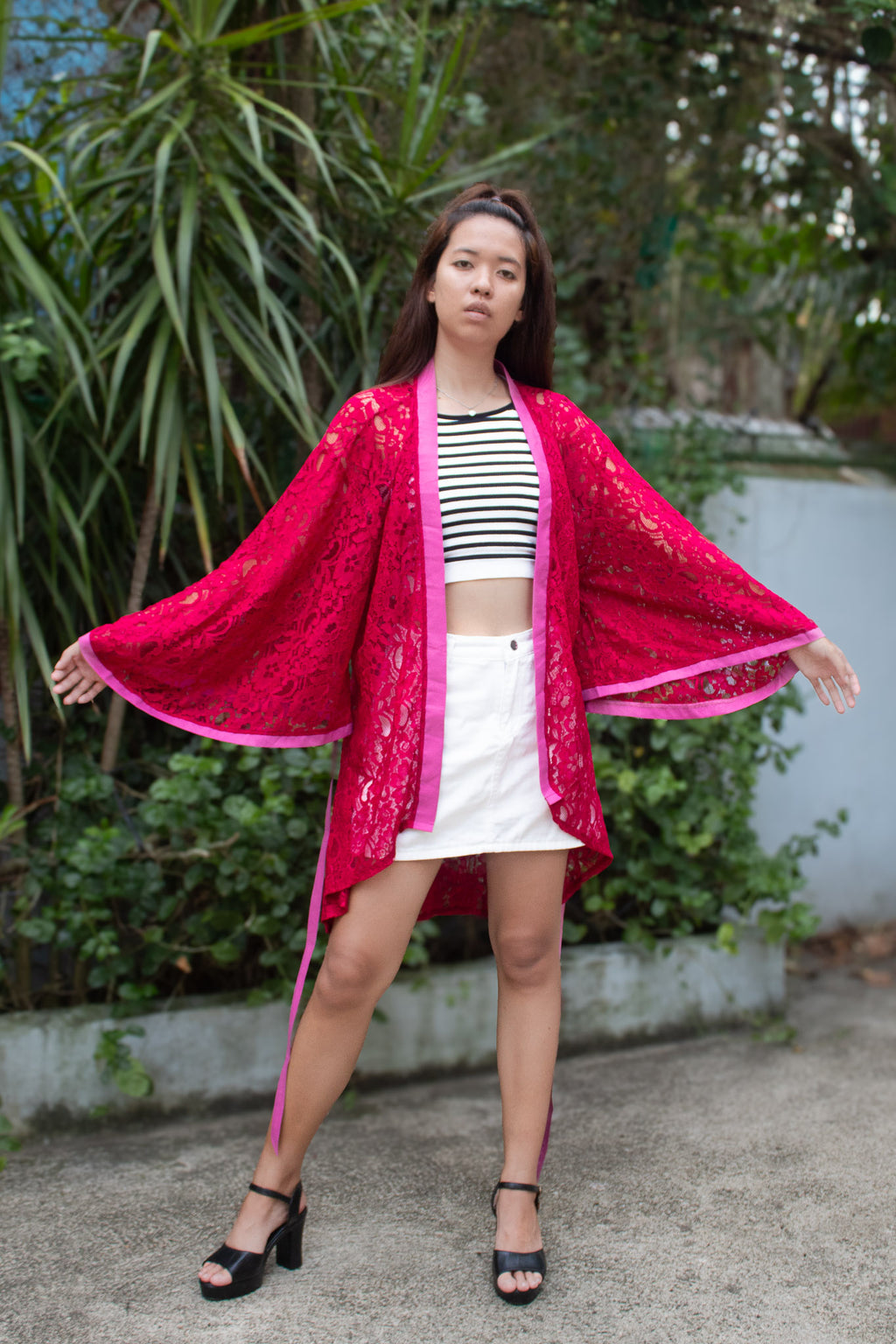 ✦ Midnight Hibiscus - Intricate Floral Maroon Lace Kimono with Stunning Matching Accent