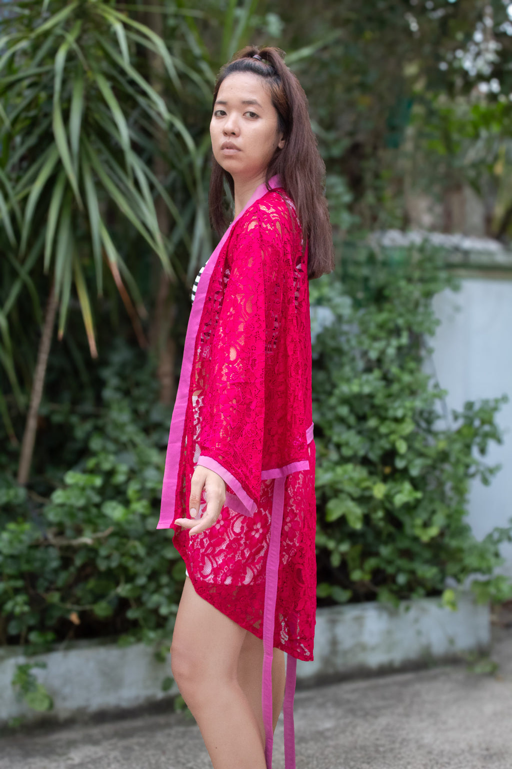 ✦ Midnight Hibiscus - Intricate Floral Maroon Lace Kimono with Stunning Matching Accent